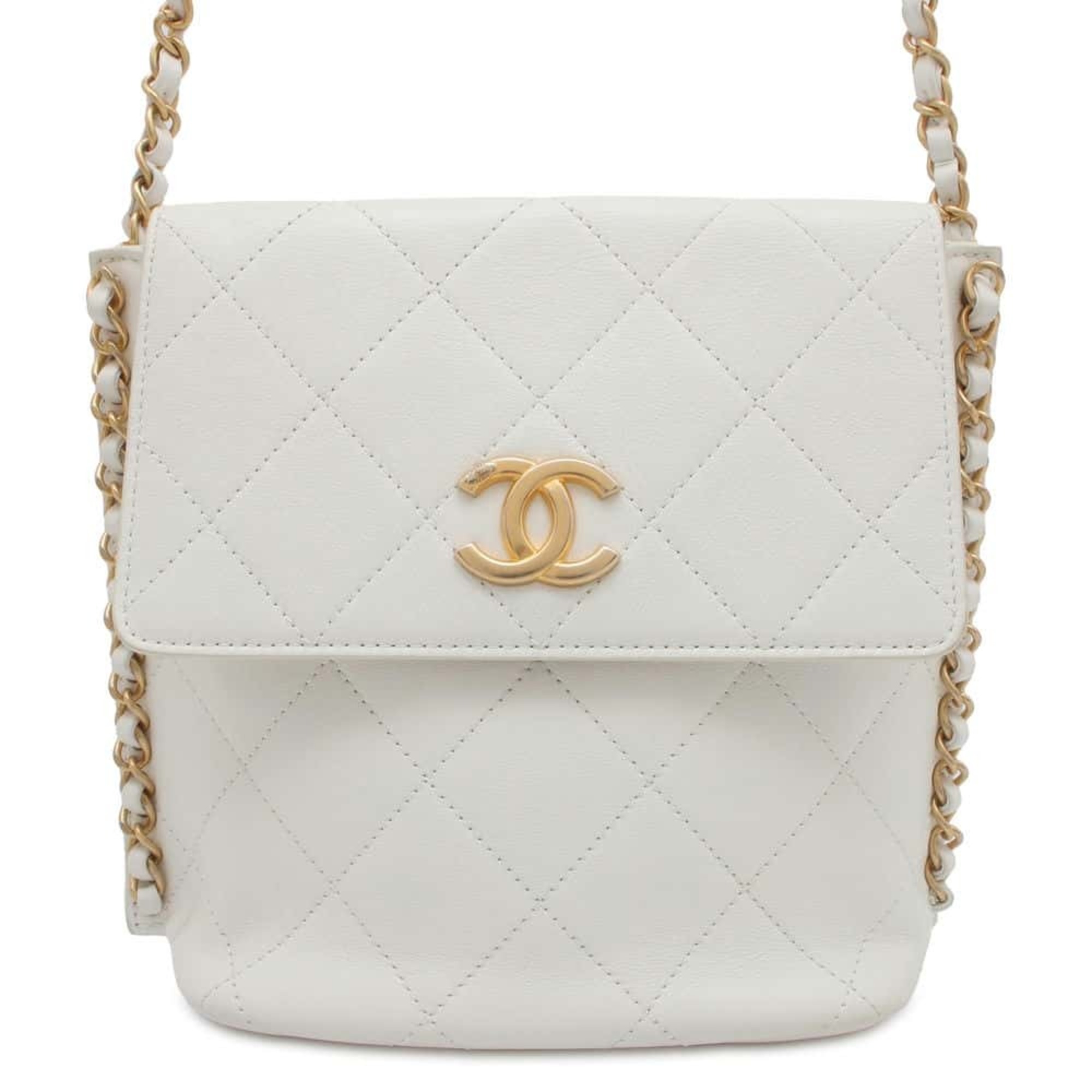 Chanel Chain Shoulder Bag Matelasse Coco Mark Square Calf Leather AS2542 CHANEL White