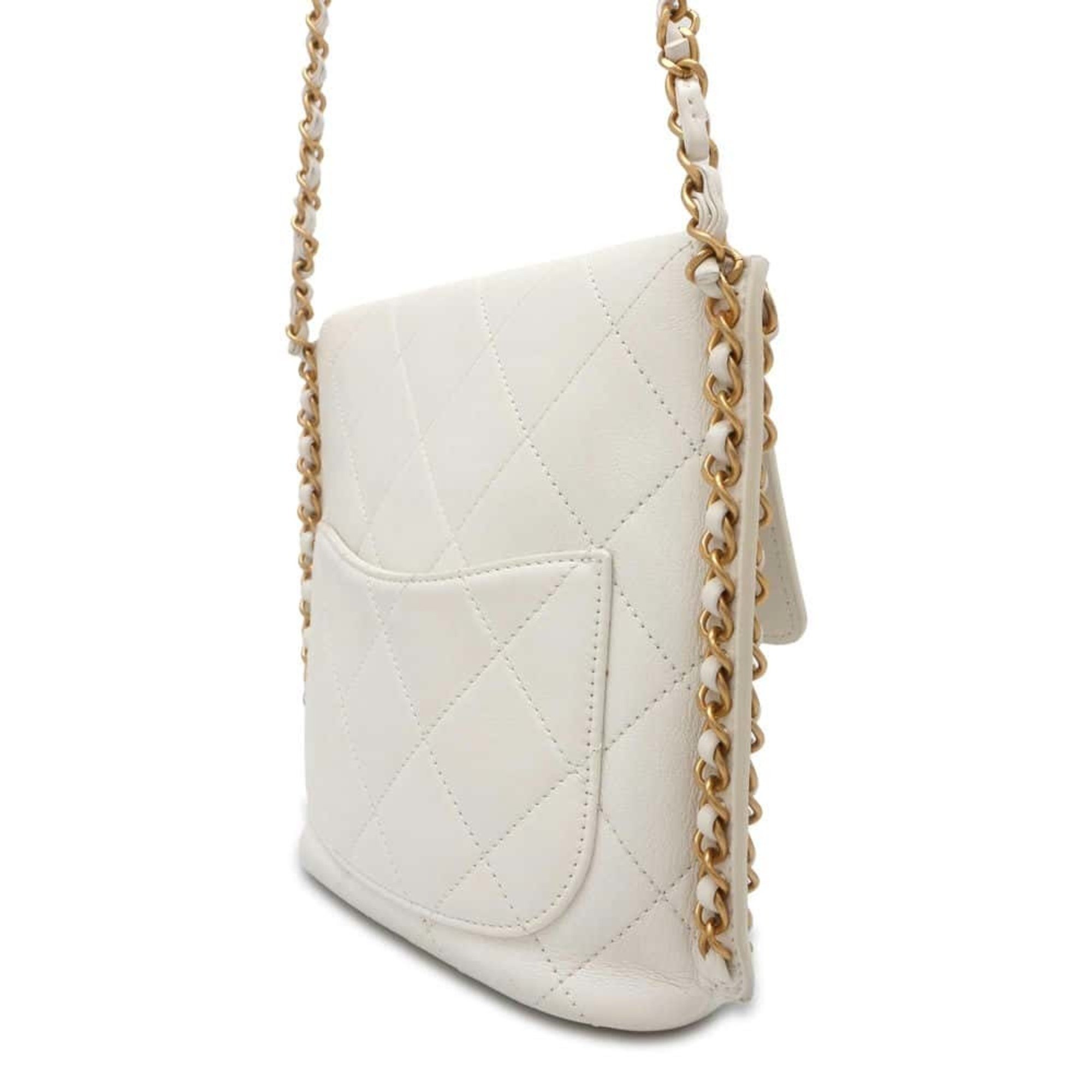 Chanel Chain Shoulder Bag Matelasse Coco Mark Square Calf Leather AS2542 CHANEL White