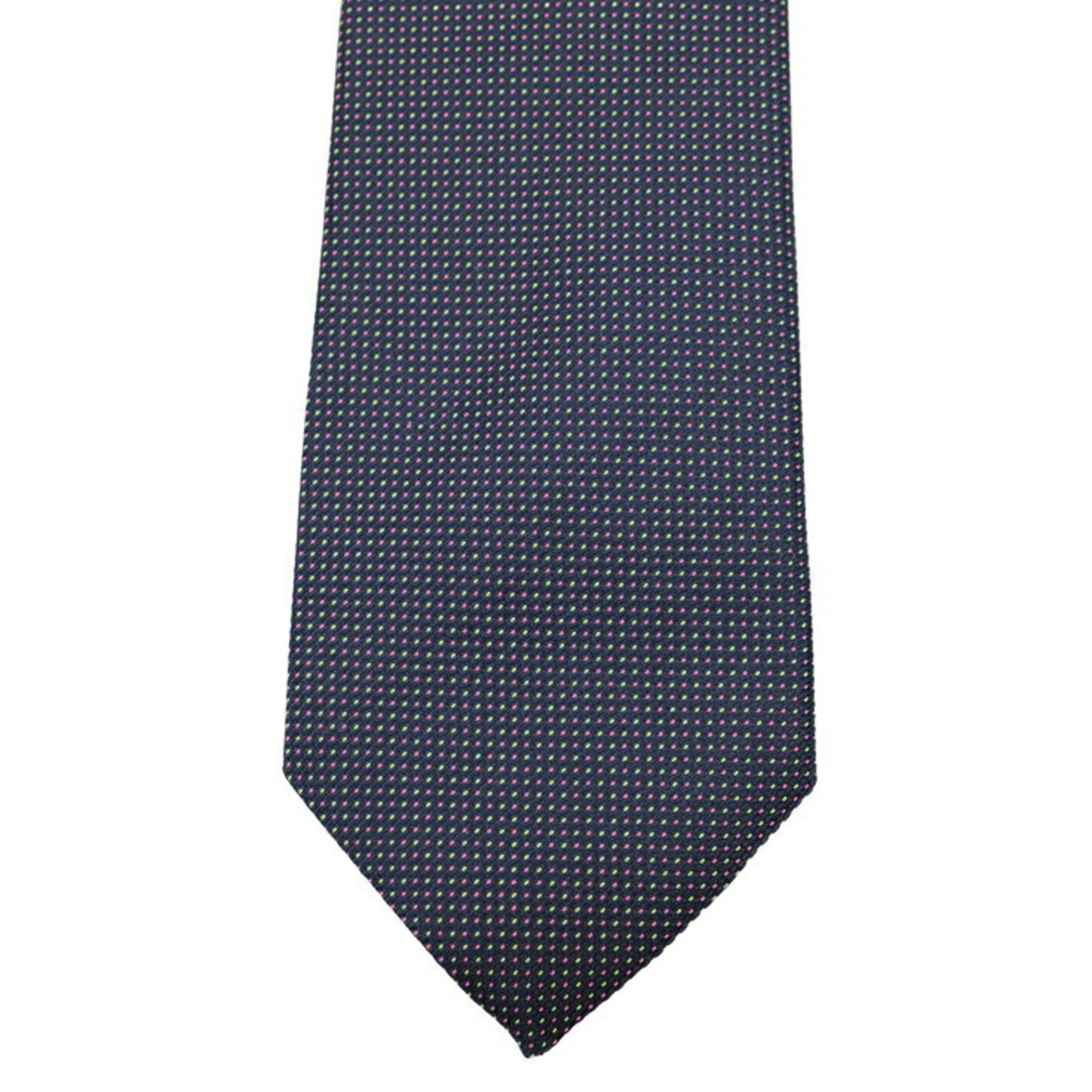 HERMES Necktie, Polka Dot Pattern, Navy, 100% Silk