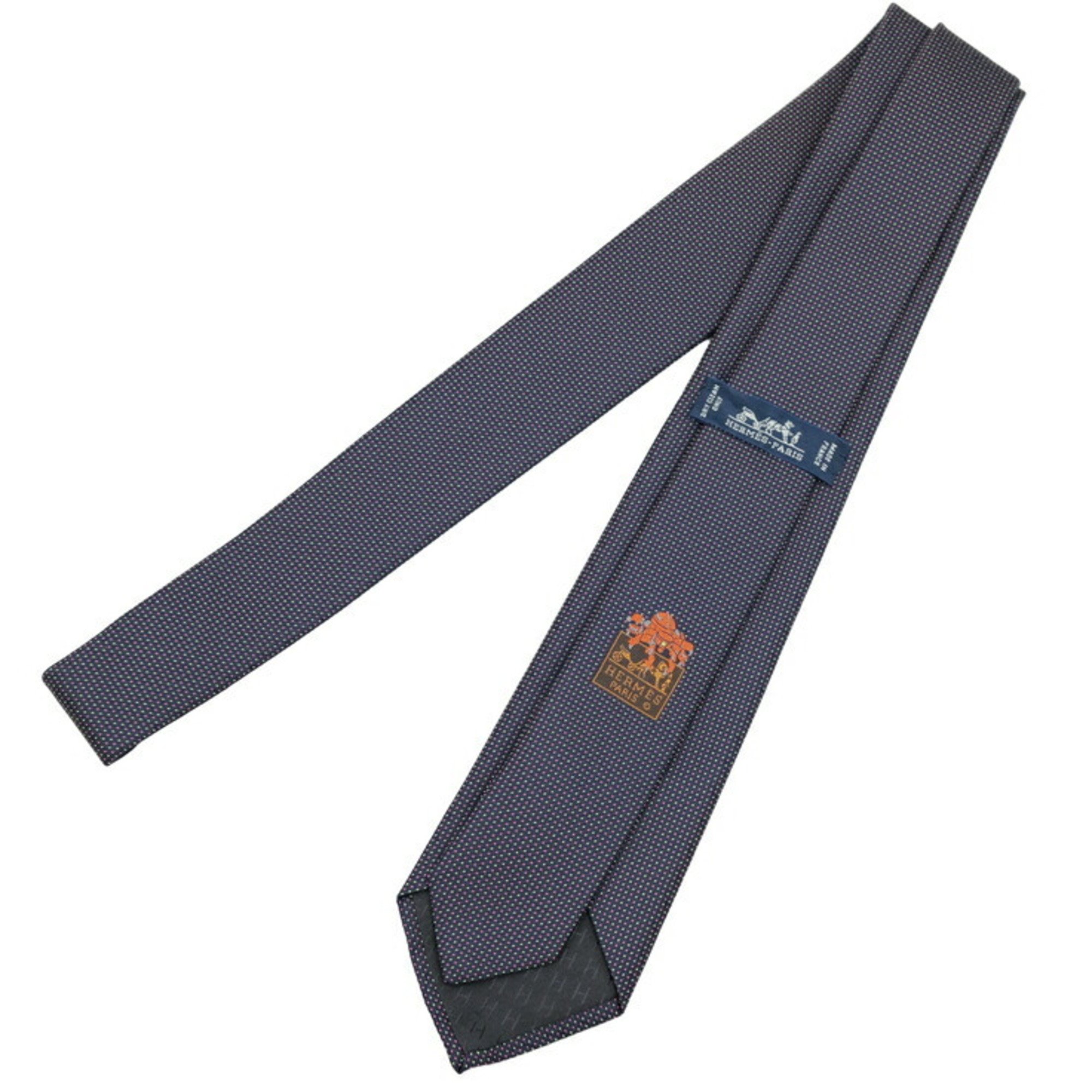 HERMES Necktie, Polka Dot Pattern, Navy, 100% Silk