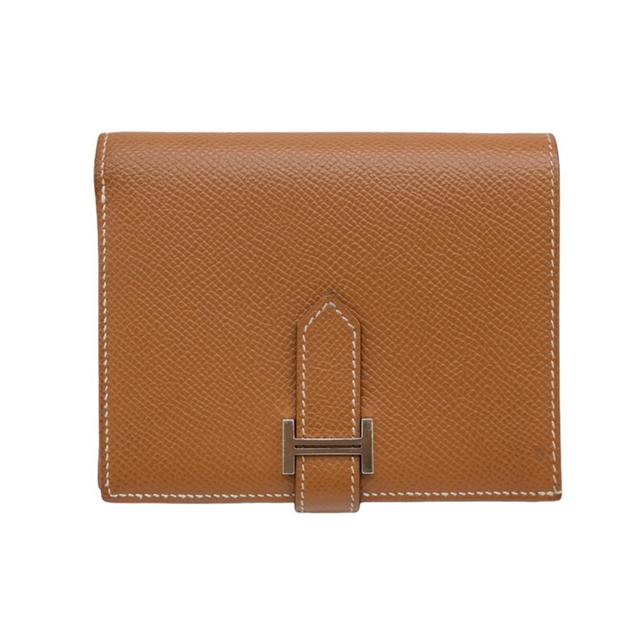 HERMES Bearn Compact Bi-fold Wallet Epsom Leather Gold Brown #Z