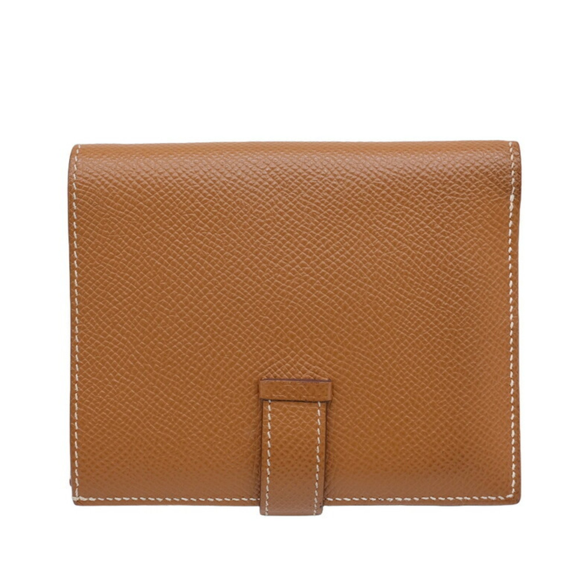 HERMES Bearn Compact Bi-fold Wallet Epsom Leather Gold Brown #Z