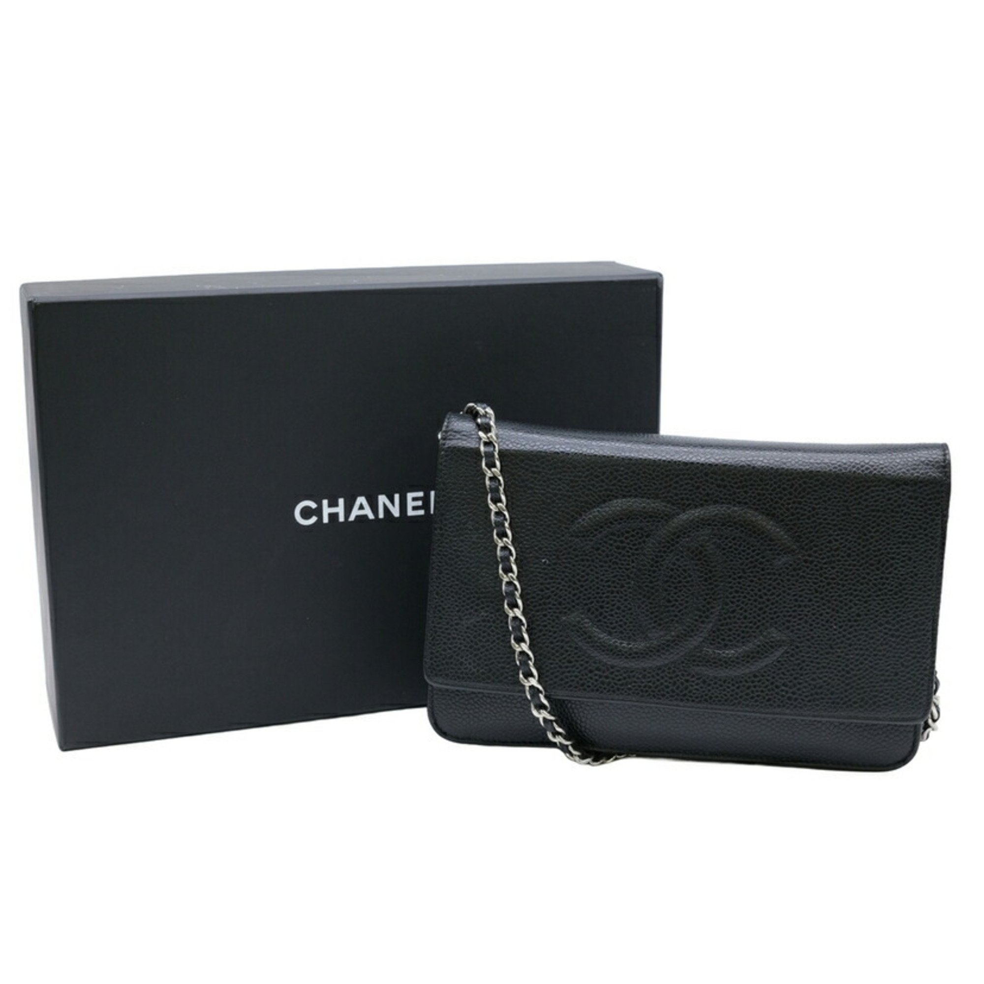 CHANEL Coco Mark Caviar Skin Chain Wallet Shoulder Bag Black Seal Included