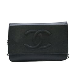 CHANEL Coco Mark Caviar Skin Chain Wallet Shoulder Bag Black Seal Included