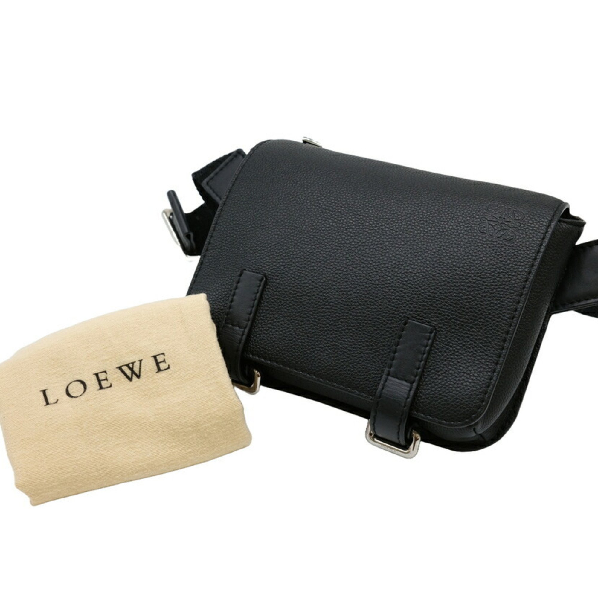 LOEWE Anagram Military Small Shoulder Body Bag Bumbag Calf Leather Black 317.12AB23