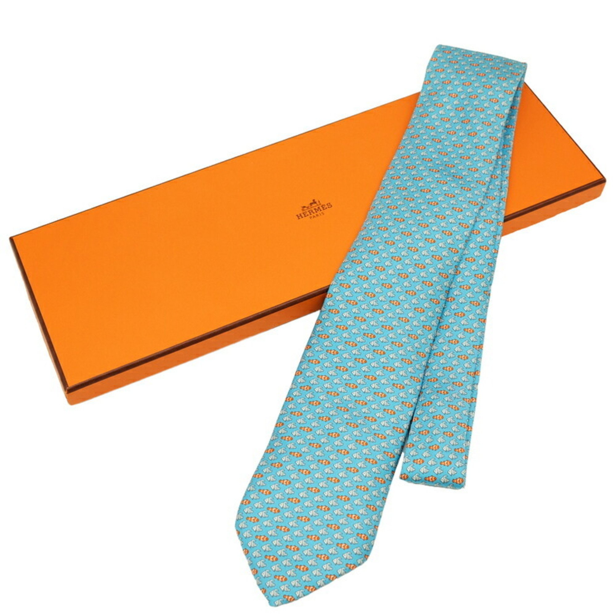 HERMES Hermes tie, fish, 100% silk, light blue