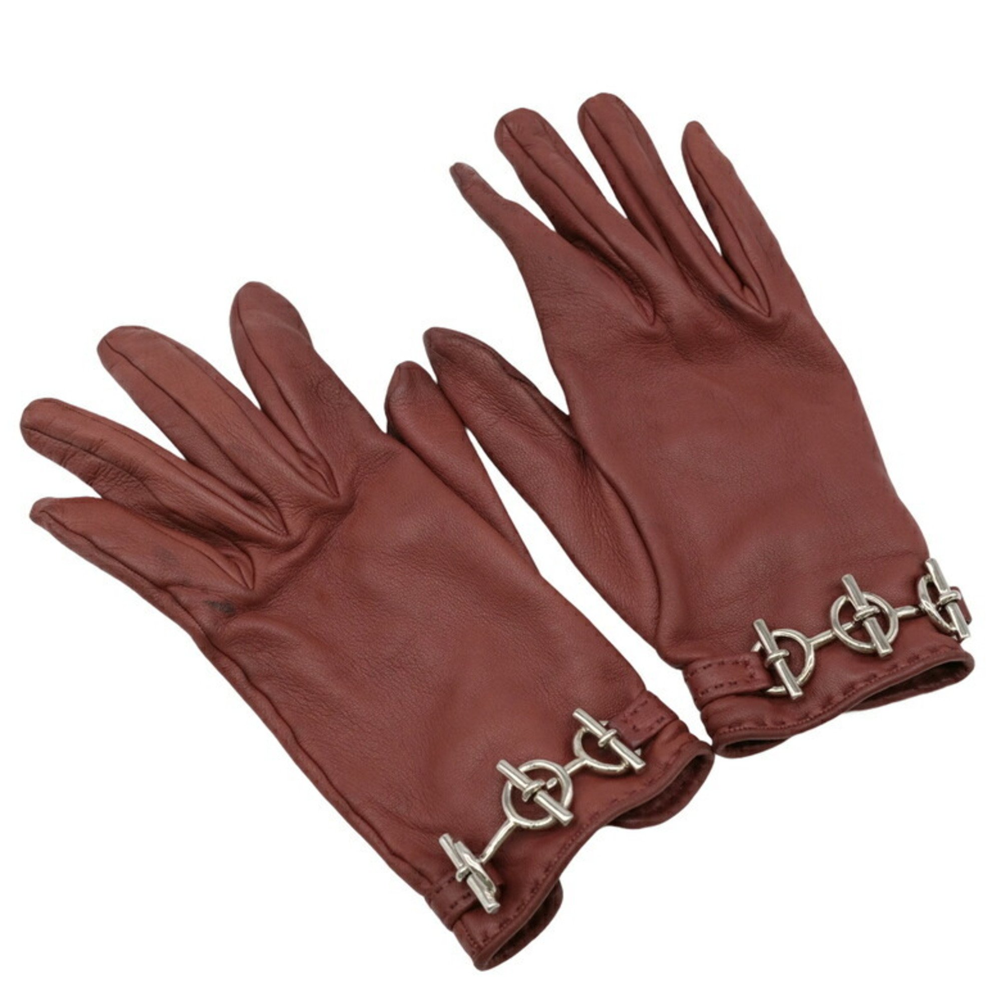 HERMES Horsebit Gloves Lamb Leather Bordeaux Reddish Brown #6 1 2