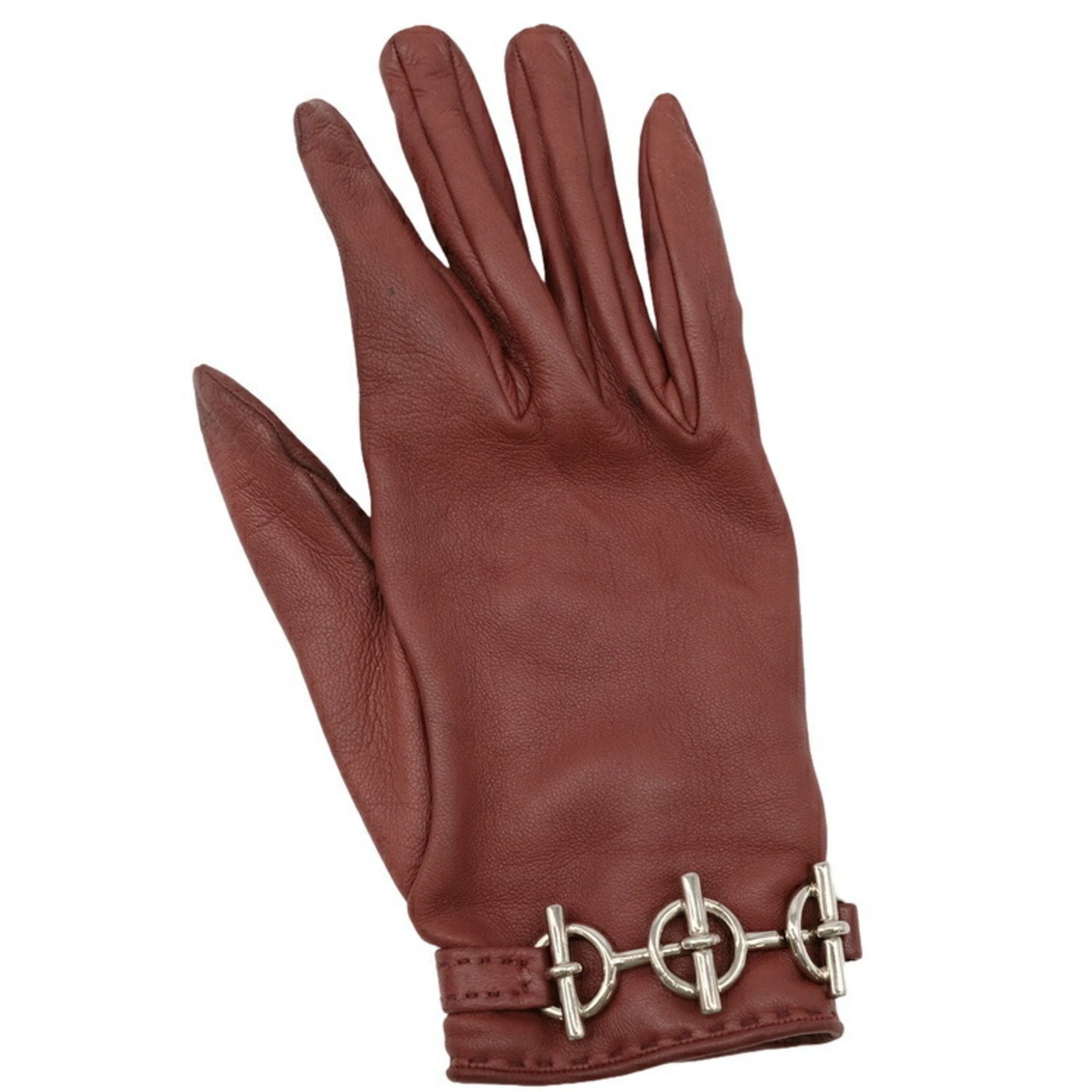 HERMES Horsebit Gloves Lamb Leather Bordeaux Reddish Brown #6 1 2