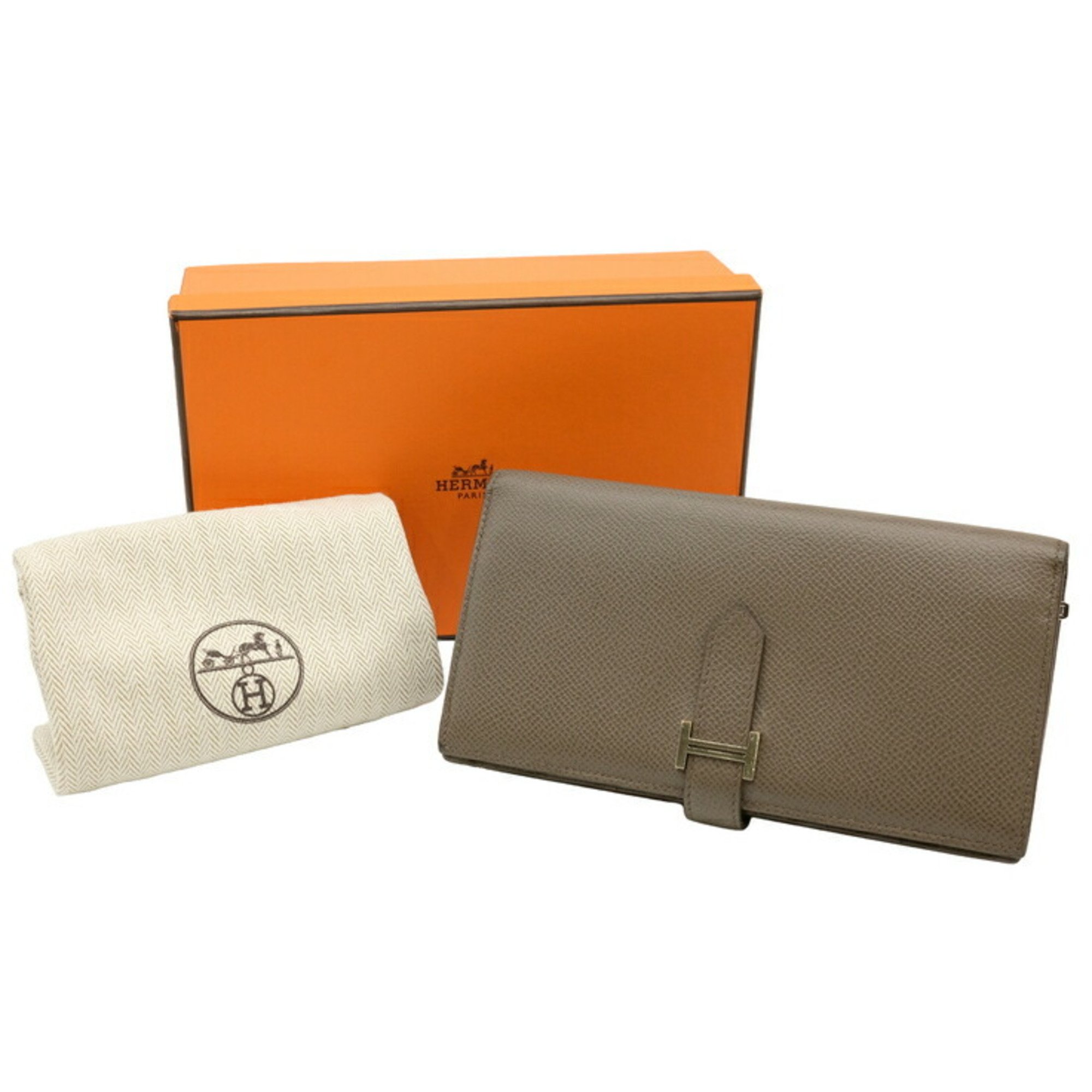 HERMES Bearn Soufflet Long Wallet Epsom Leather Etain Grey Beige #C