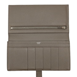 HERMES Bearn Soufflet Long Wallet Epsom Leather Etain Grey Beige #C