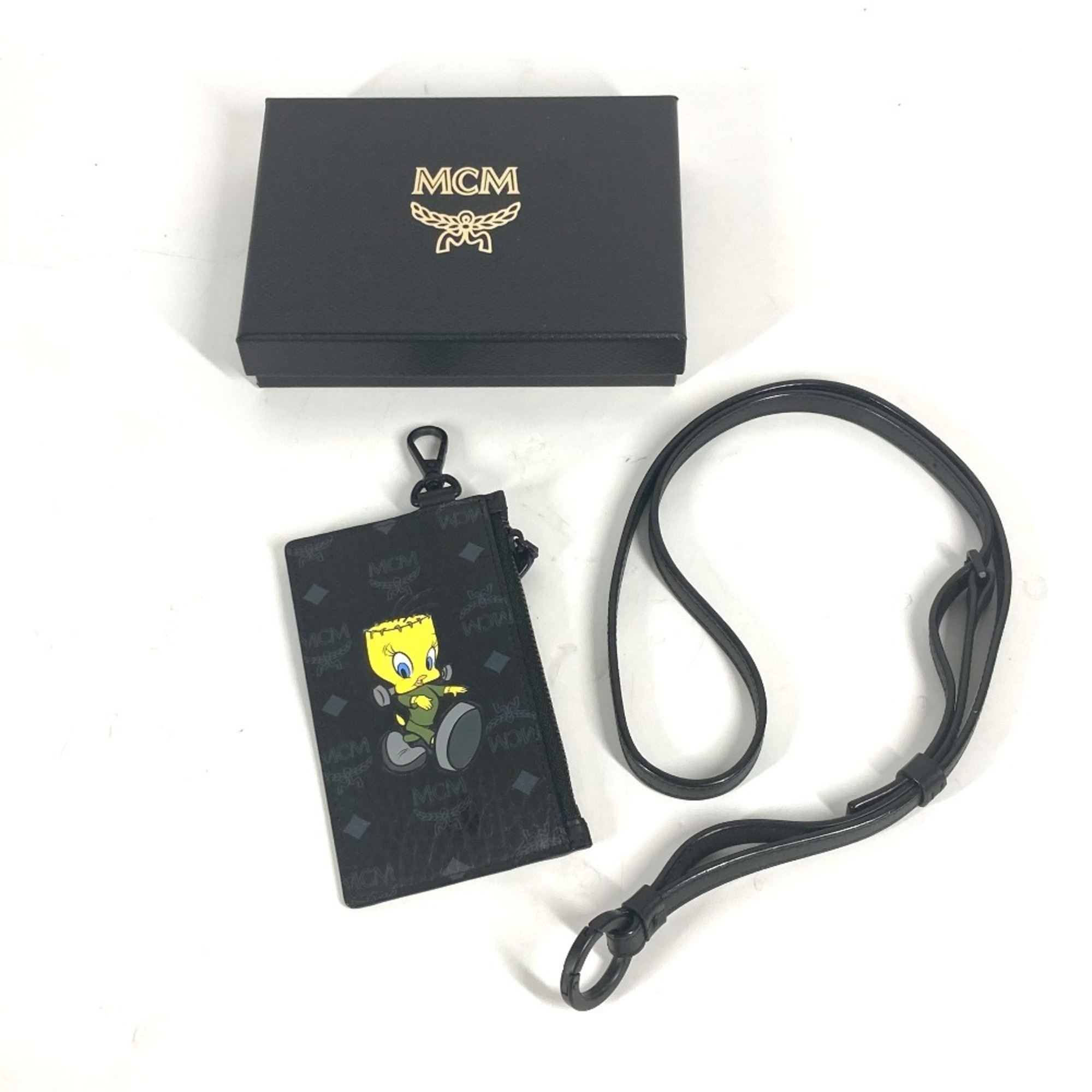 MCM Looney Tunes Collaboration Visetos Tweety Wallet Coin Purse Fragment Case with Neck Strap Wallet/Coin Leather Women's Black