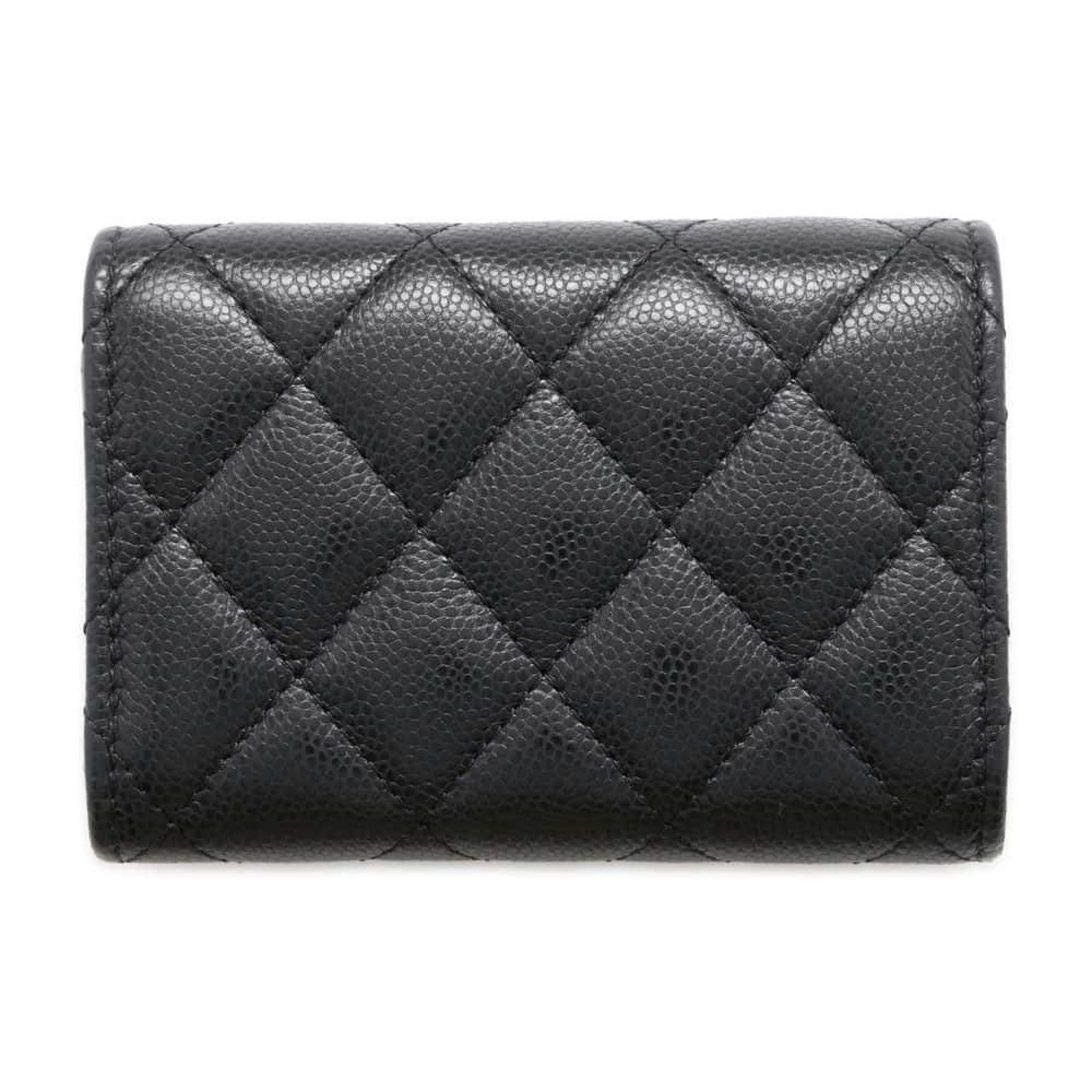 CHANEL Tri-fold Wallet Matelasse Coco Mark Classic Small Flap Caviar Skin AP0230 Black