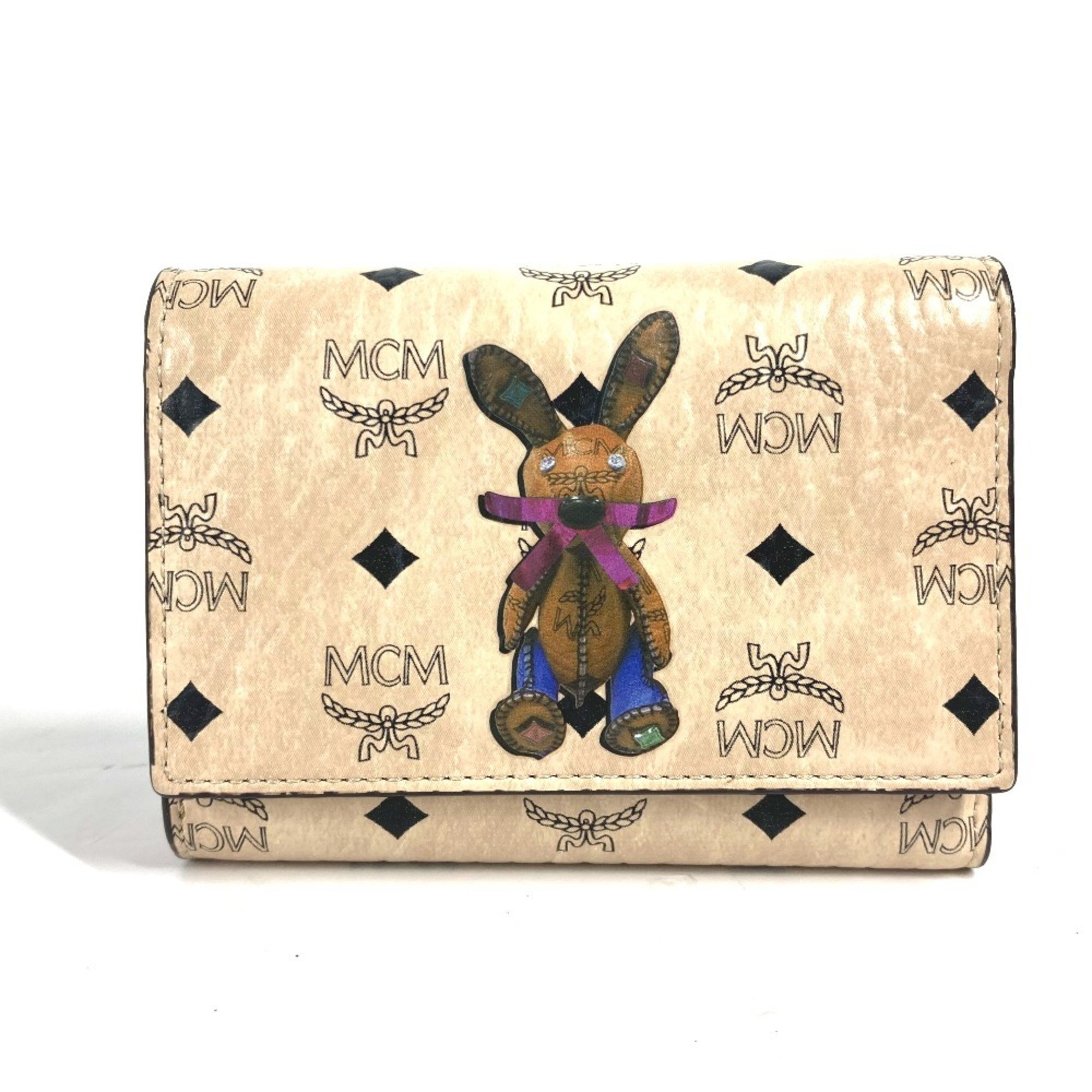 MCM Visetos Rabbit Compact Wallet Tri-fold Leather Women's Beige