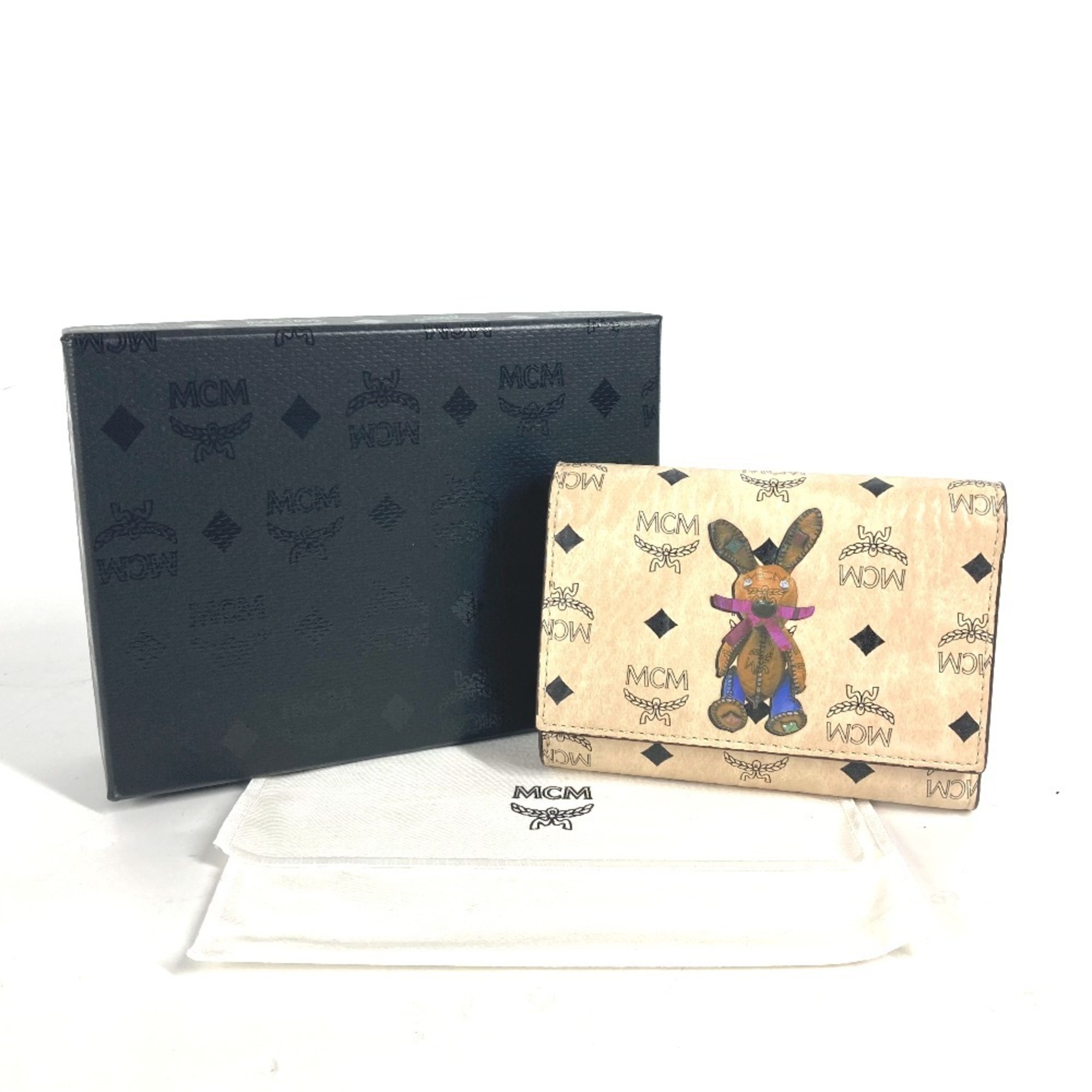 MCM Visetos Rabbit Compact Wallet Tri-fold Leather Women's Beige