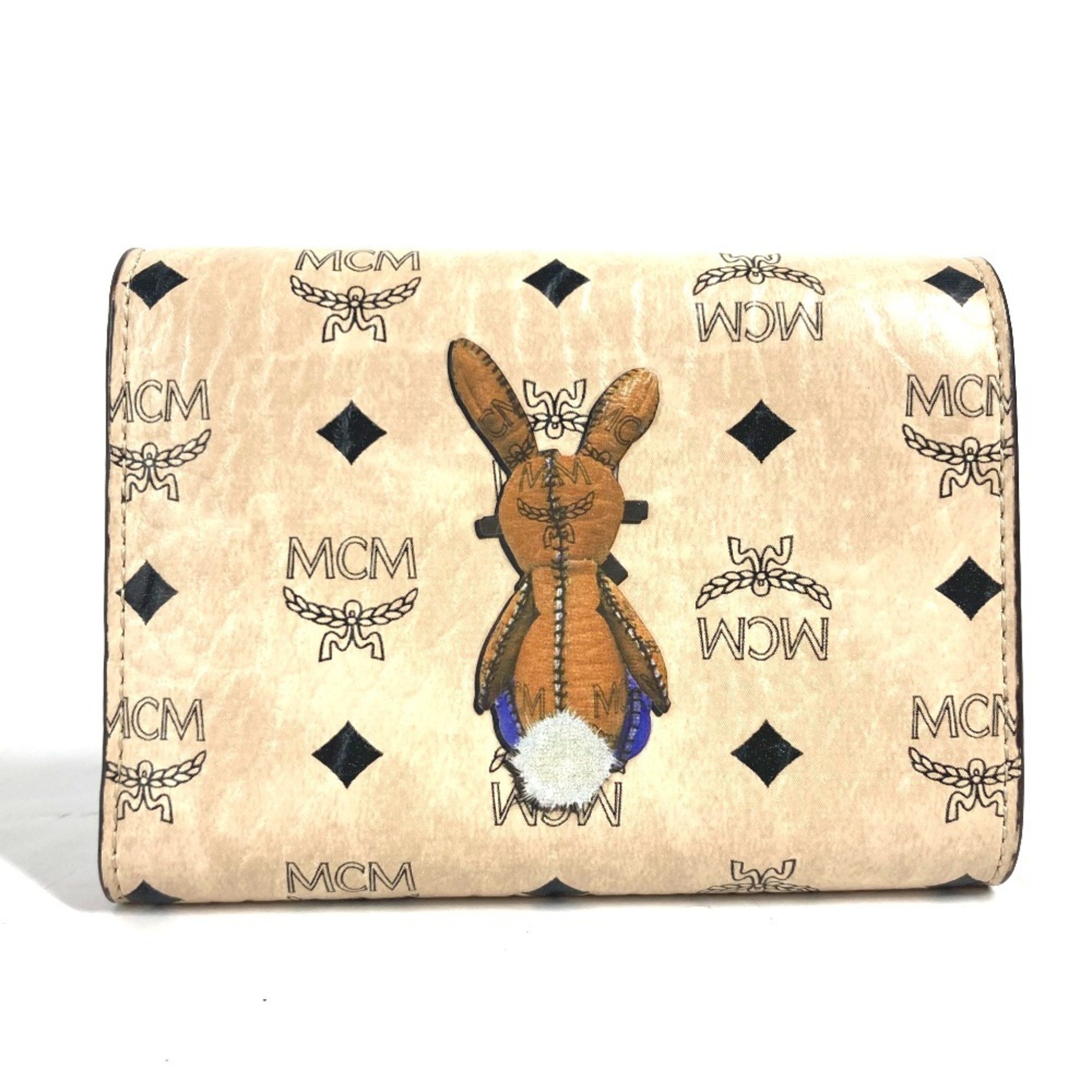 MCM Visetos Rabbit Compact Wallet Tri-fold Leather Women's Beige