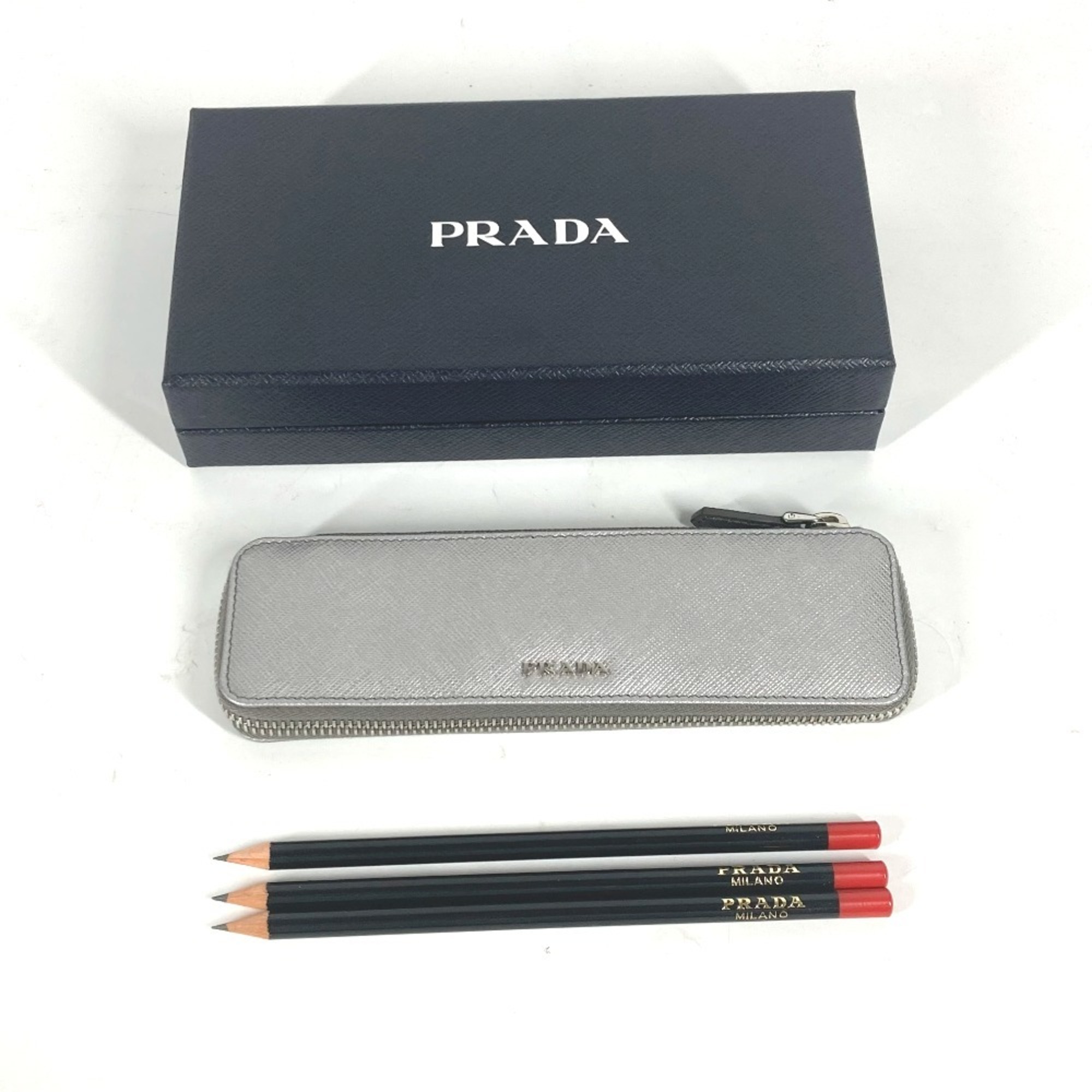 PRADA Prada 3 Pencil Pouch Stationery Case Saffiano Leather Men's Silver