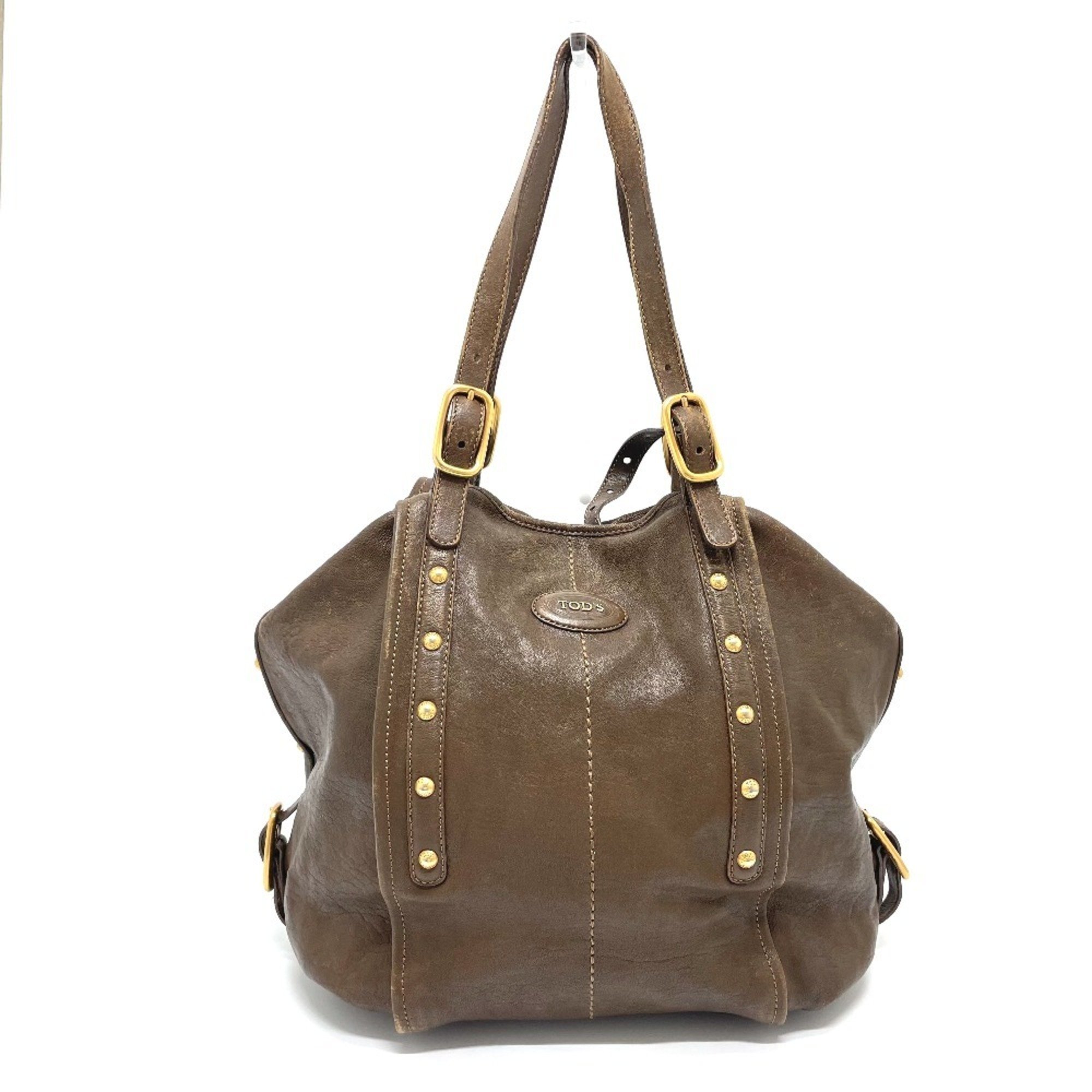 TOD'S Studded Shoulder Bag Tote Leather Women's Brown