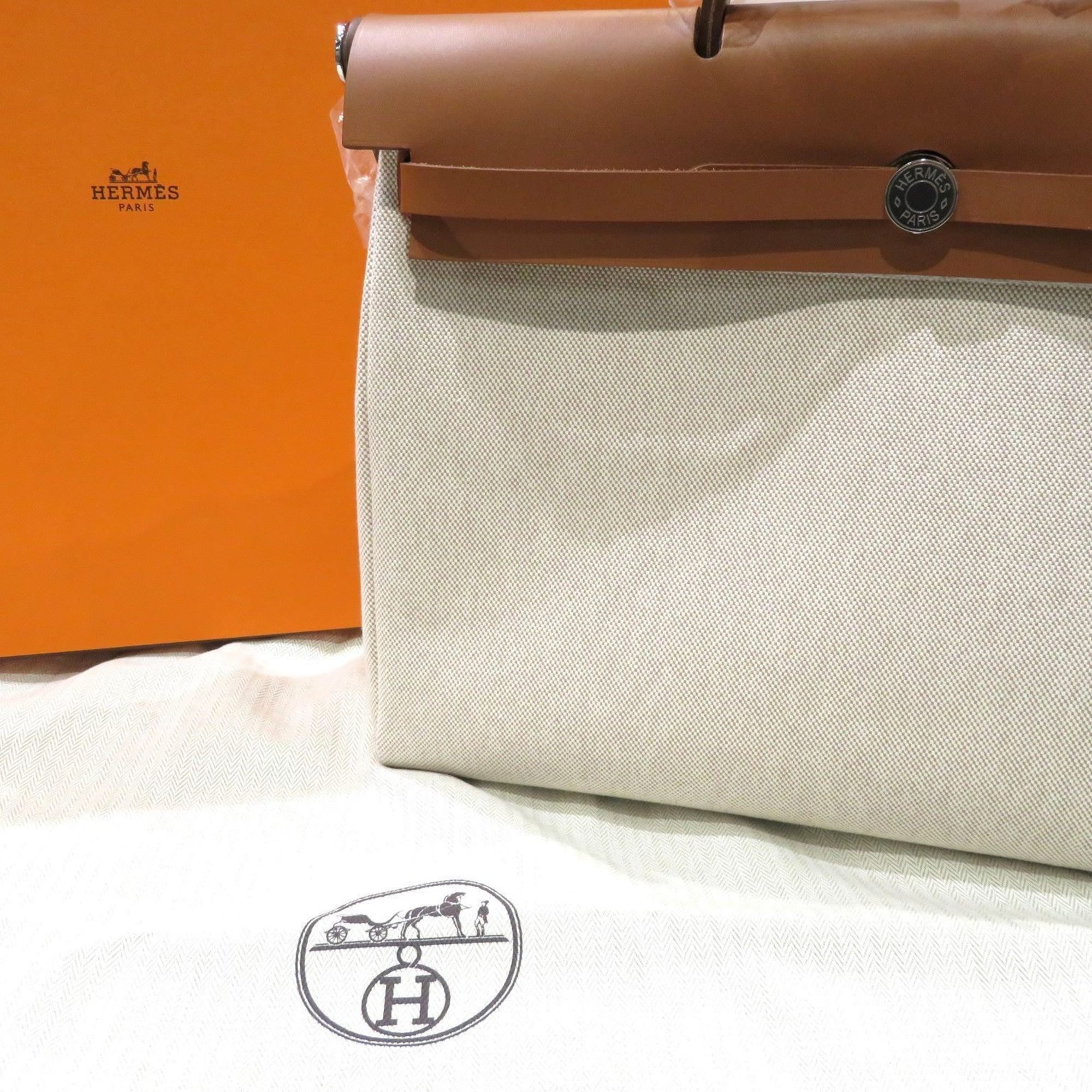 HERMES Airbag 39 Gold/Beige (Silver hardware) Vache Hunter/Toile H W stamp (2024) F69 Women's Bag Leather