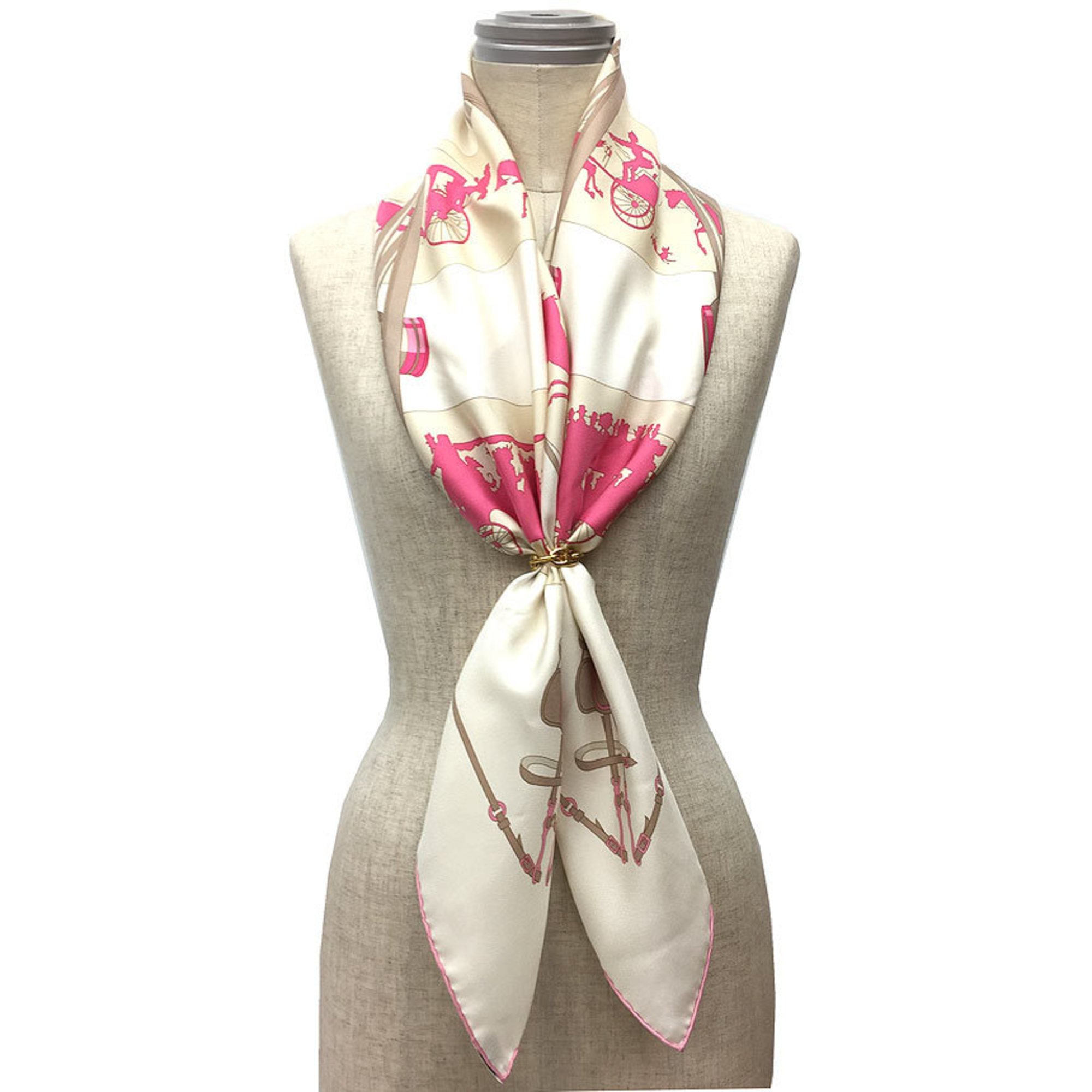 HERMES Hermes Carre 90 Scarf Muffler Paris Qui Roule/Rolling around Ivory x Pink 100% Silk