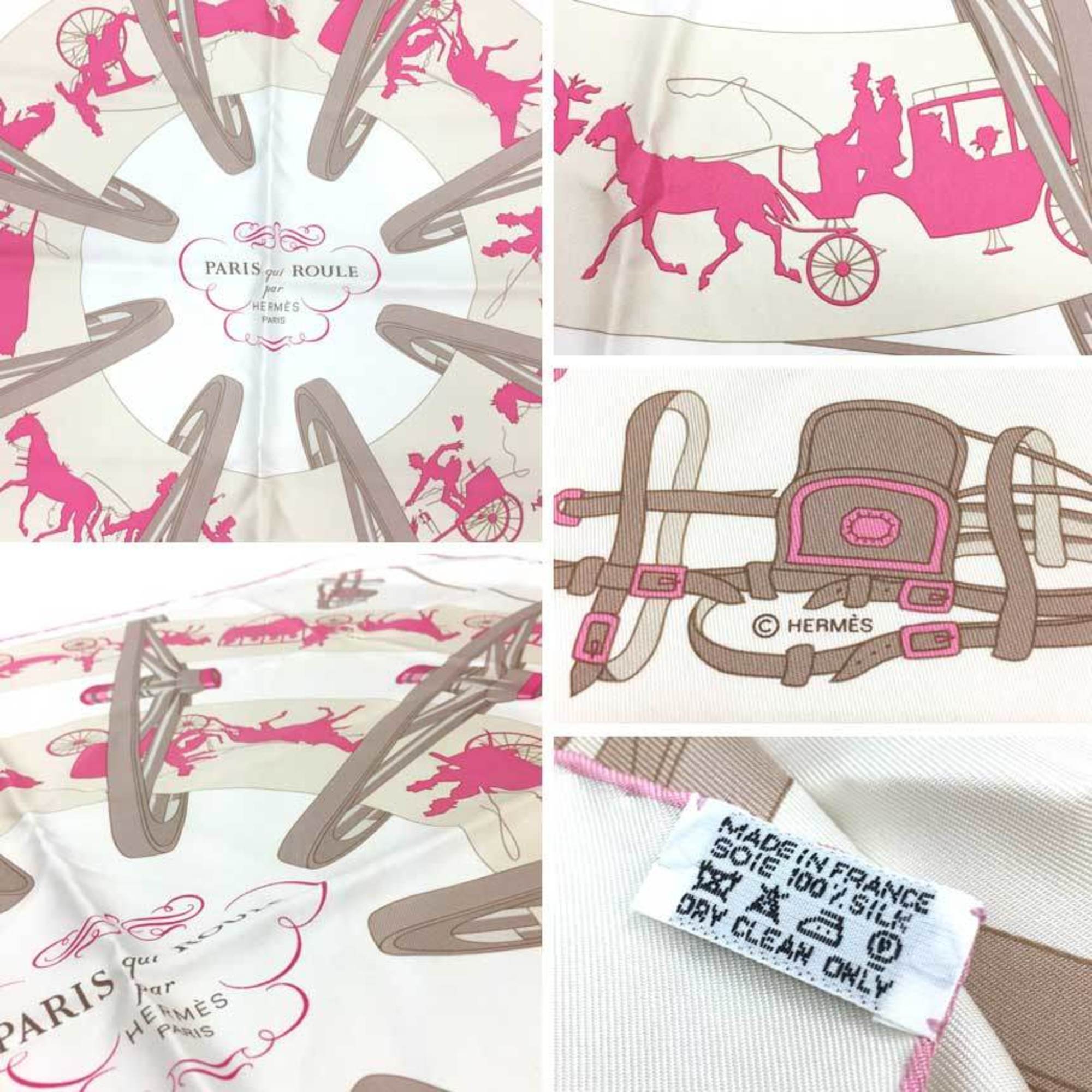 HERMES Hermes Carre 90 Scarf Muffler Paris Qui Roule/Rolling around Ivory x Pink 100% Silk