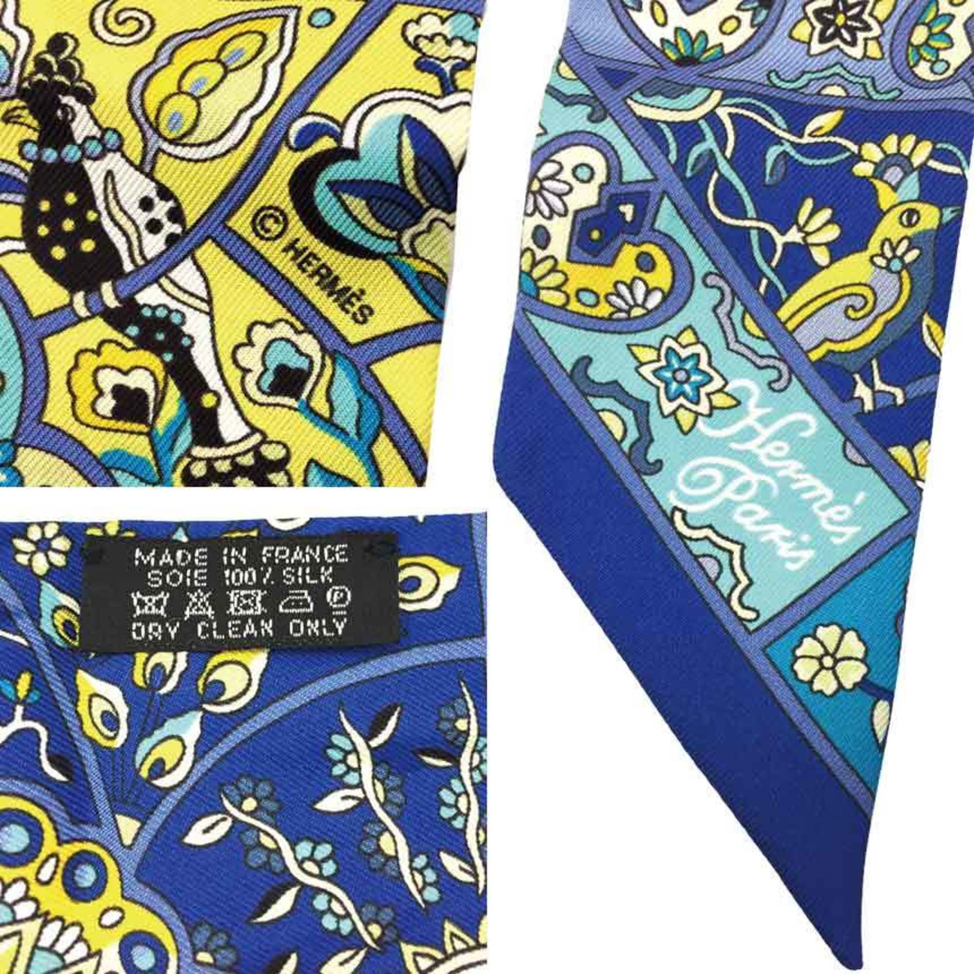 HERMES Twilly Scarf Muffler Au Pays Des Oiseaux Fleurs In the Land of Flowering Birds Yellow x Blue Turquoise 100% Silk Hermes