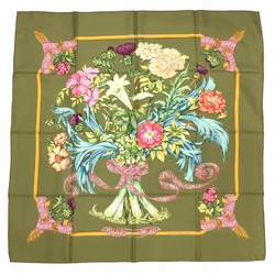 HERMES Hermes Scarf Muffler Carre 90 REGINA Her Majesty Bouquet 100% Silk Khaki