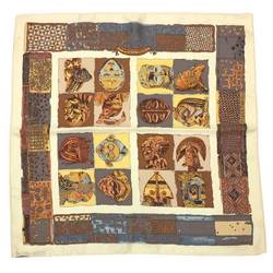 HERMES Hermes Carre 45 Petite Scarf PERSONA Mask 100% Silk Beige Pocket Square Neckerchief