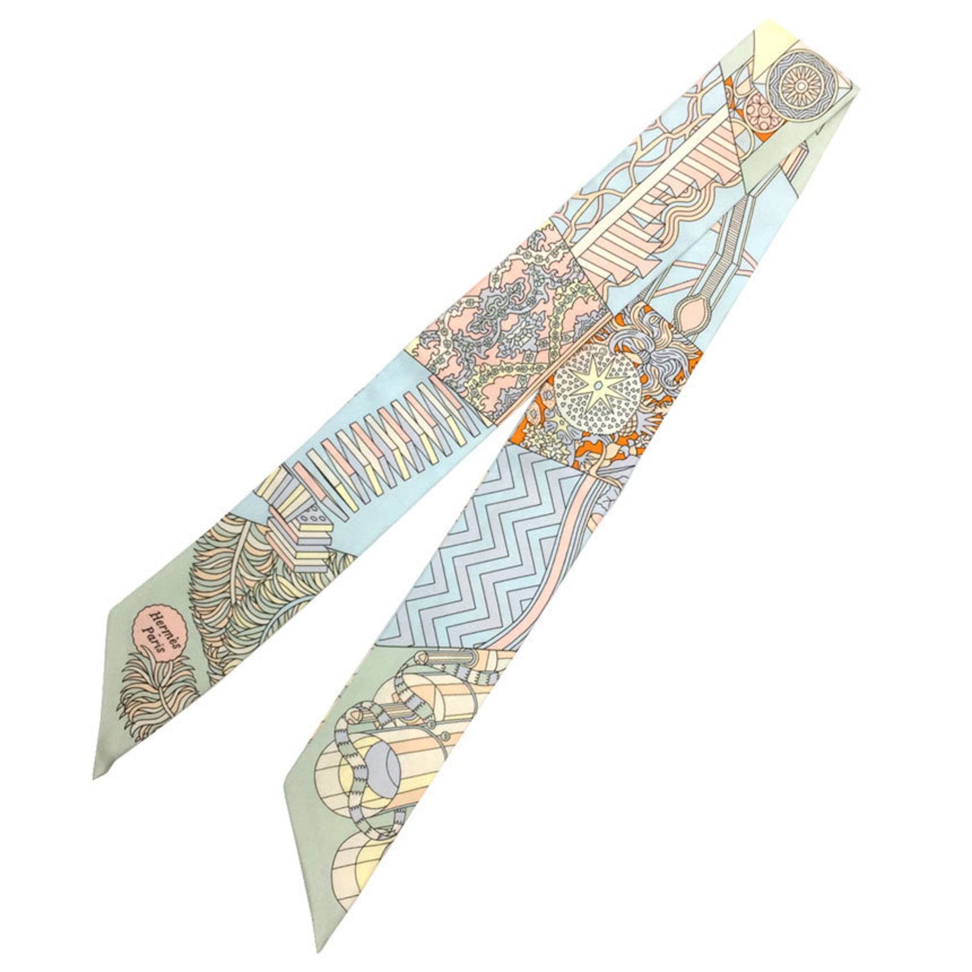 HERMES Twilly Scarf Muffler De l'Ombrelle aux Duels Duel with the Cane Umbrella 2021 Ciel/Rose Pale/Orange Hermes Silk