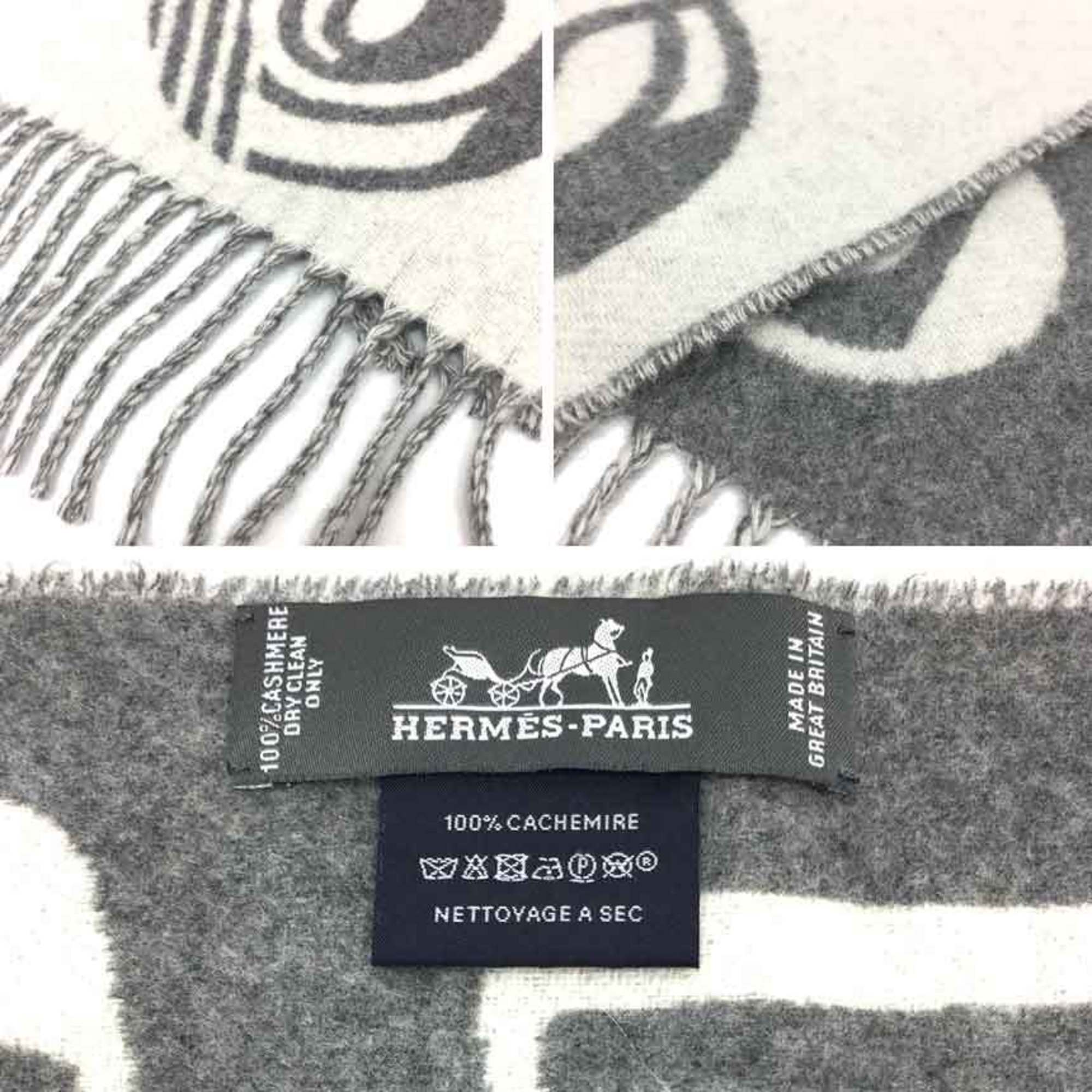 HERMES Hermes Cashmere Scarf Cazac de Re Buckle Dore Stole Shawl Grey Men's Women's Unisex