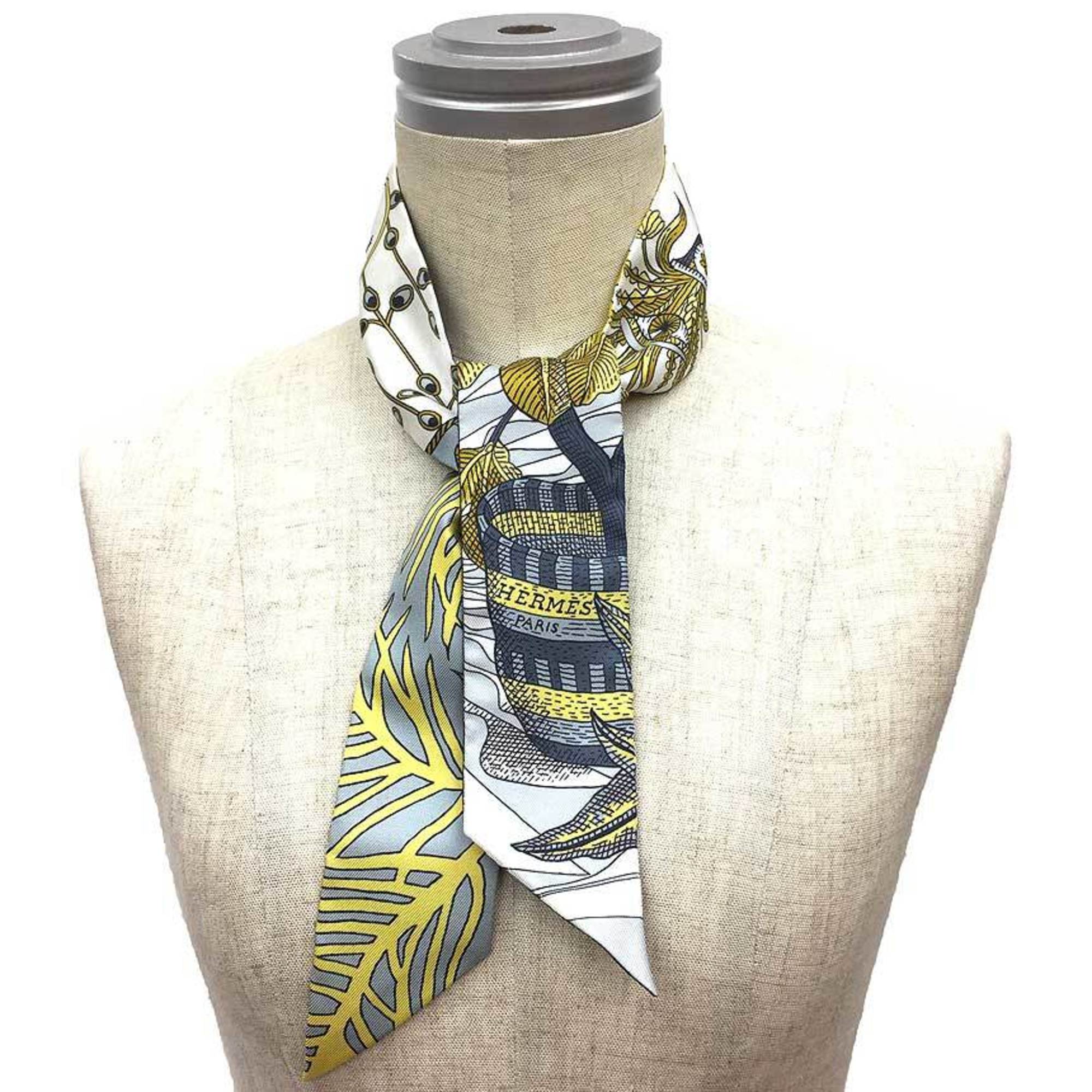 HERMES Twilly Scarf Muffler LA DANSE DES AMAZONES Amazon Dance 063593S 19 HG/GRIS/BLANC/GOLD 100% Silk Hermes