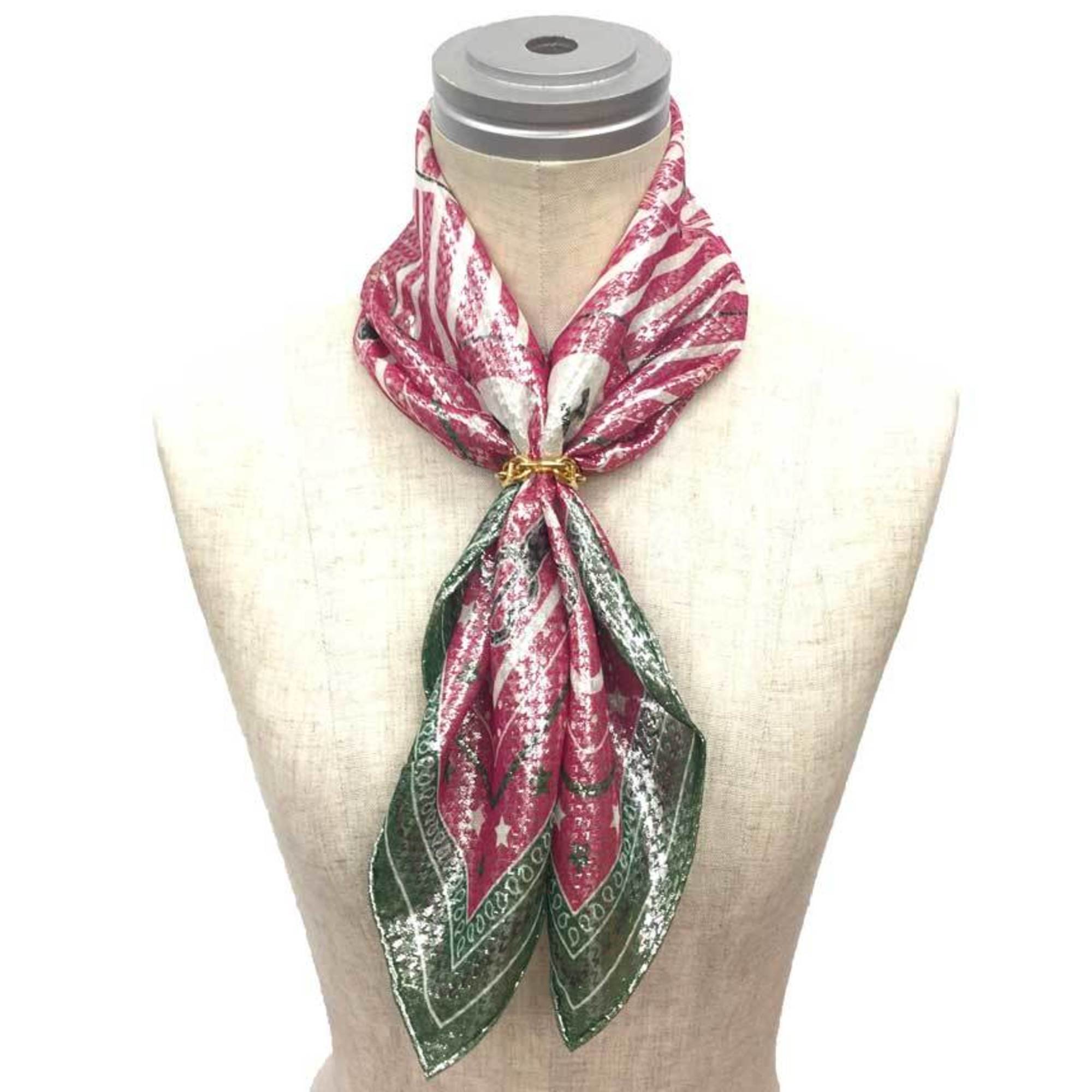 HERMES Hermes Scarf Muffler Bandana Carre 55 Disco Coaching Metallic Fiber Fuchsia x Veil (Pink Green) Silk