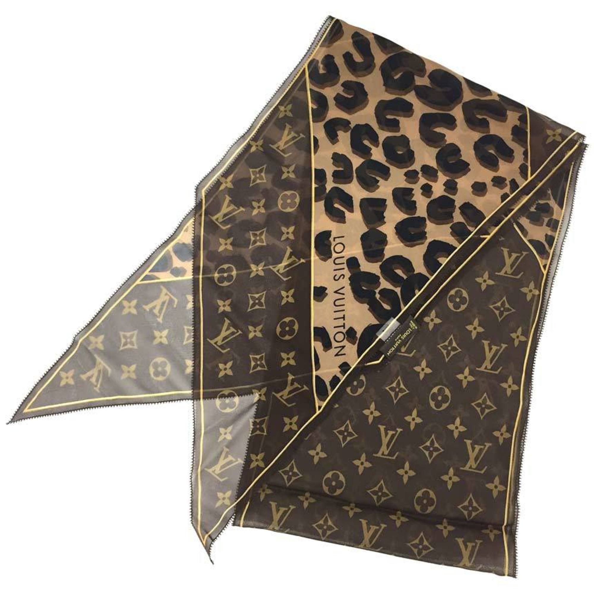 Louis Vuitton LOUIS VUITTON Echarpe Monogram Scarf Muffler Stole Leopard M72123 100% Silk Brown