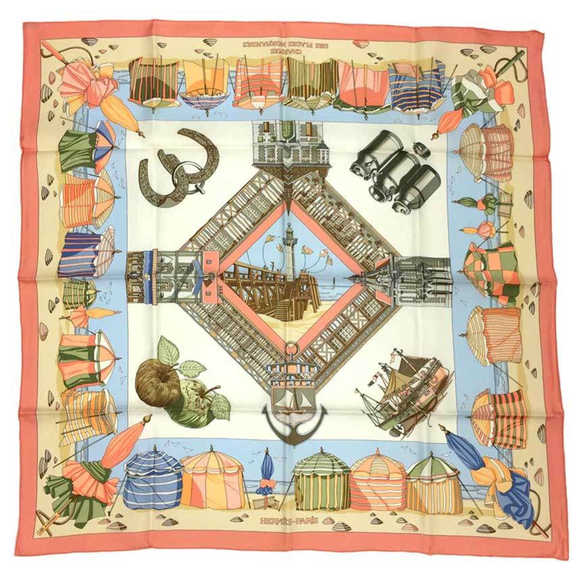 HERMES Scarf Muffler Carre 90 CHARMES DES PLAGES NORMANDES The charm of the Normandy coast Cream x Orange Blue 100% Silk