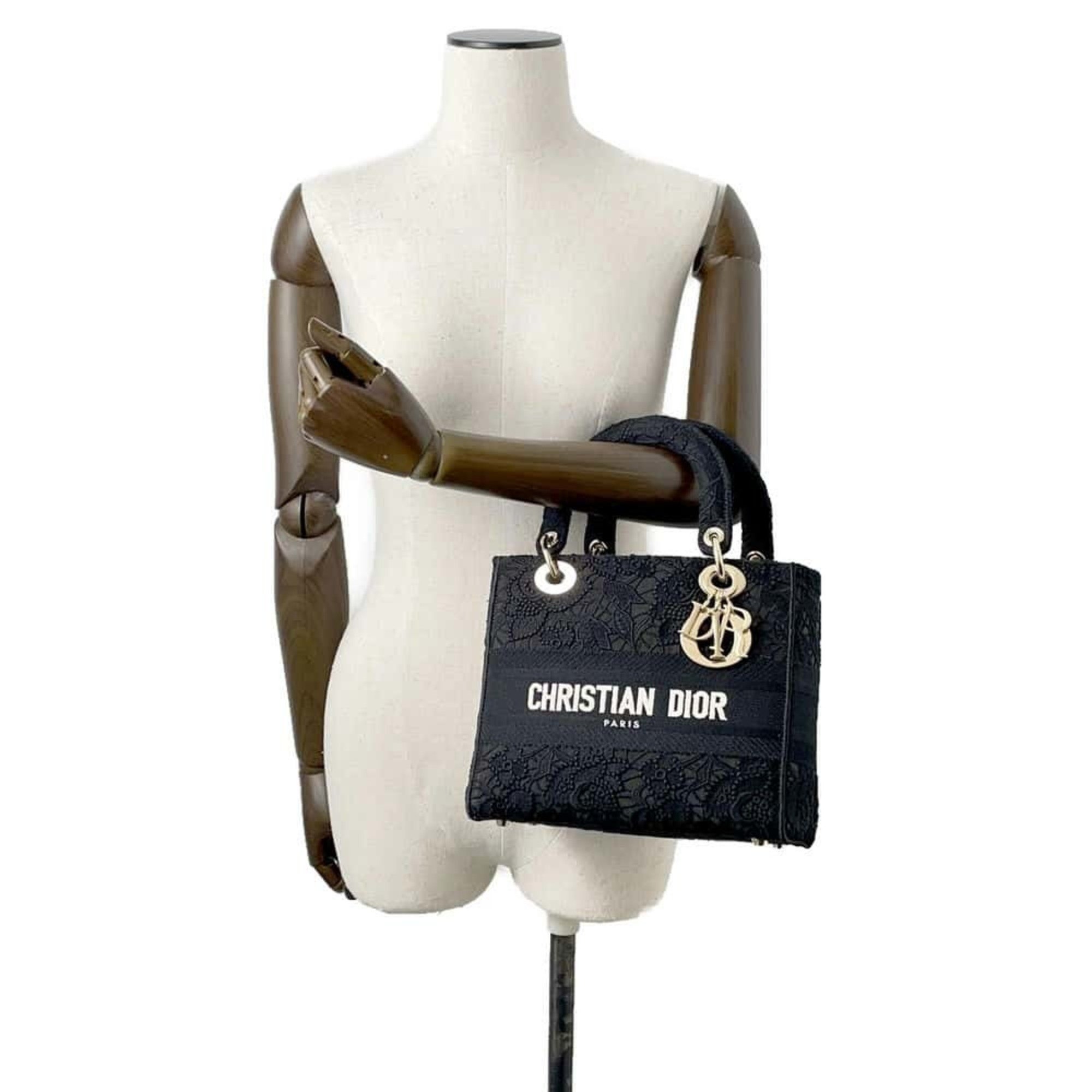 Christian Dior Dior handbag for ladies D-LITE lace medium M0565OSEL_M911 2way shoulder bag black white