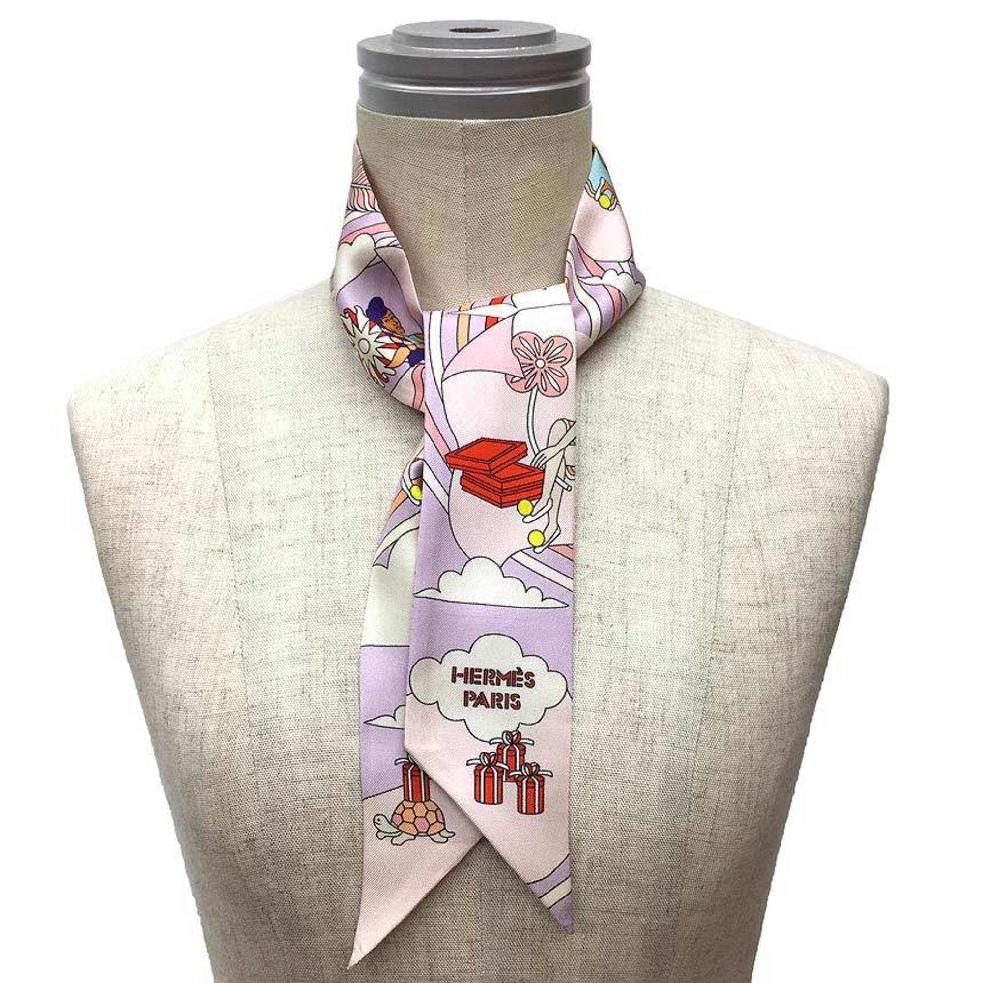 HERMES Twilly Scarf Muffler CARRES VOLANTS Flying Carre 2022 Lilac/Rose Pale/Orange Silk Hermes