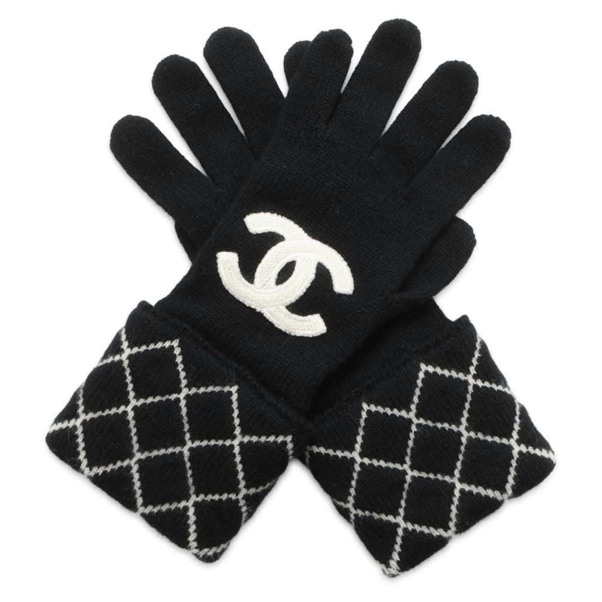 Chanel Gloves Matelasse Coco Mark Cashmere CHANEL Black White