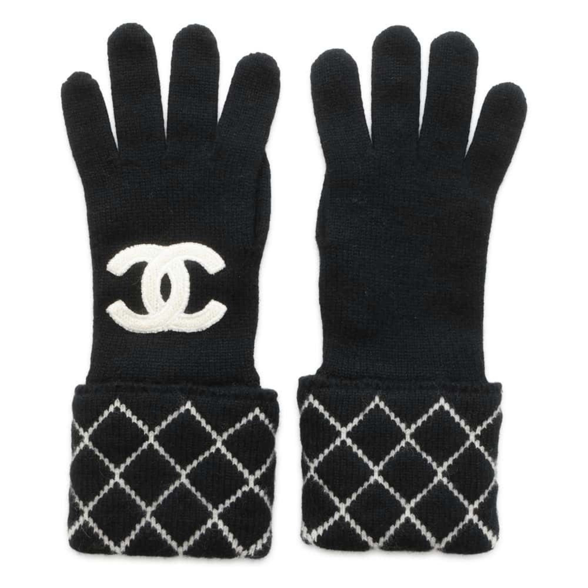 Chanel Gloves Matelasse Coco Mark Cashmere CHANEL Black White