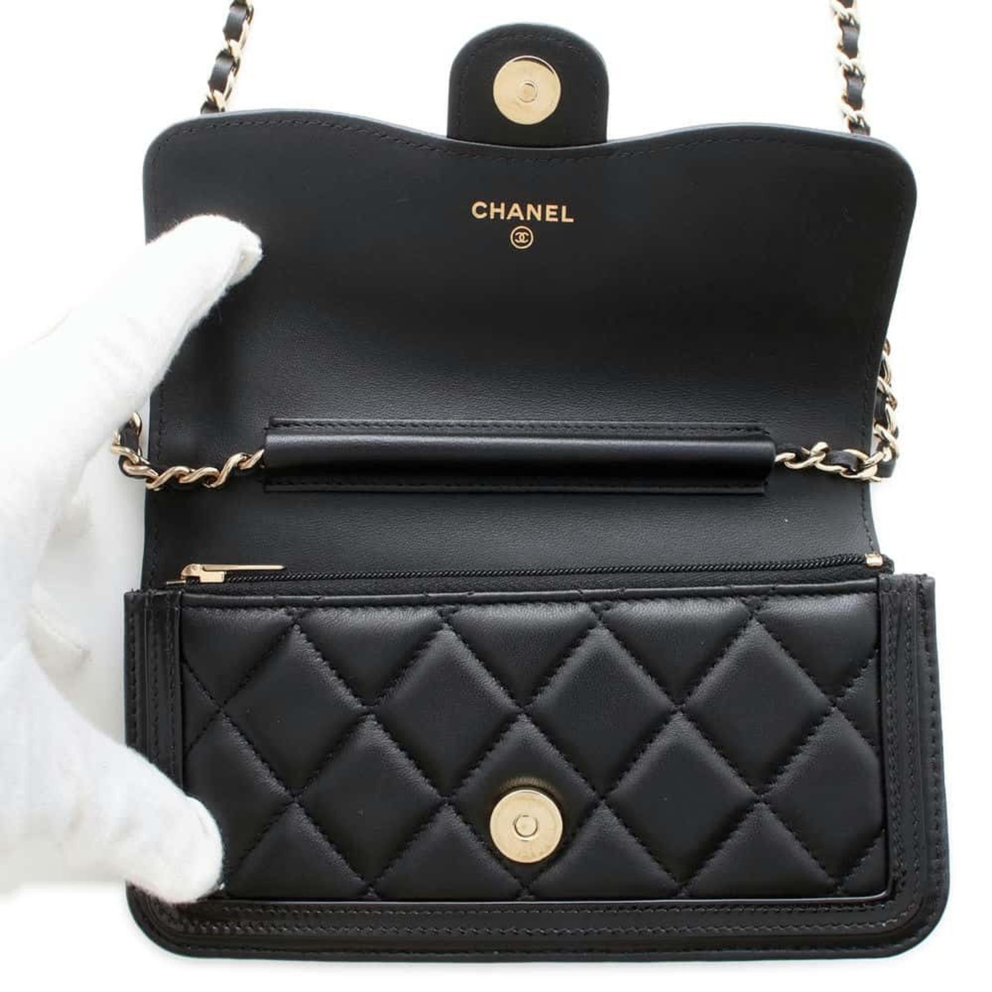 Chanel Chain Phone Case Matelasse Coco Mark Lambskin Patent AP3559 CHANEL Black