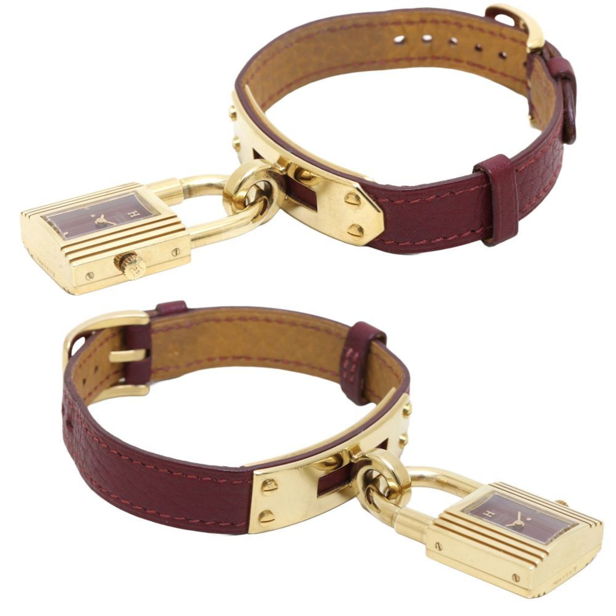 HERMES Kelly Watch KE1.201 〇T Engraved GP (Gold Plated) x Leather Women's 130273 Wristwatch