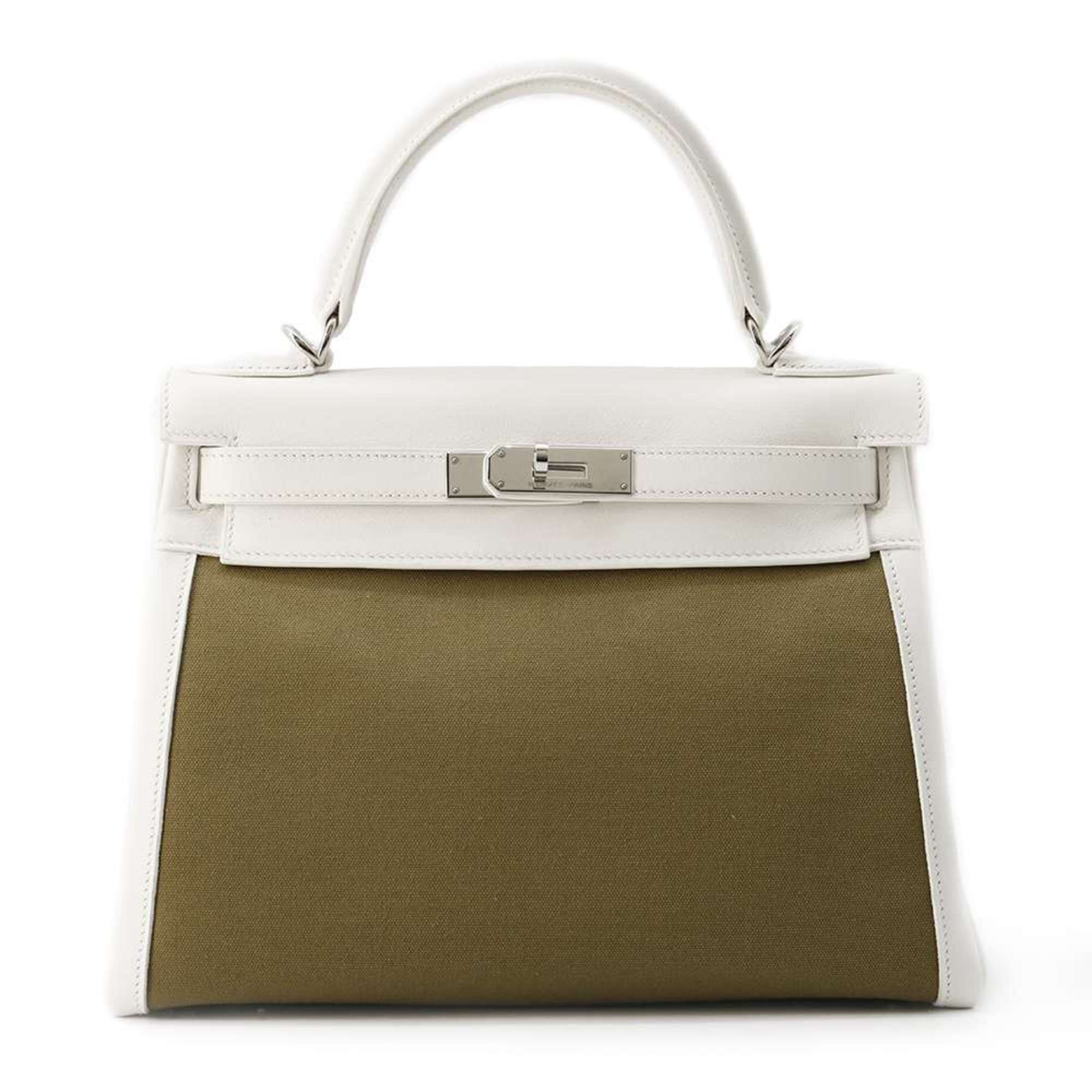 Hermes handbag Kelly 28 in-stitched white khaki Veau Gulliver Toile Gibéchere □K stamp 2way