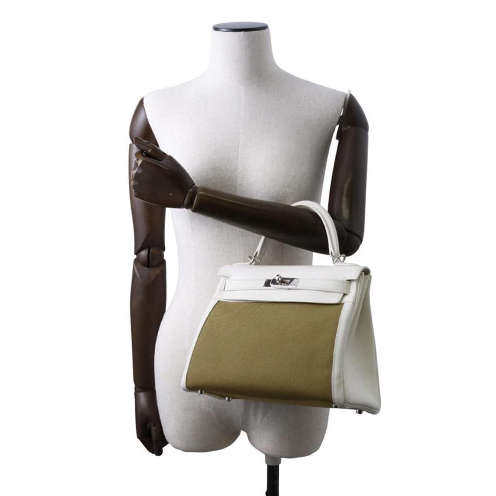 Hermes handbag Kelly 28 in-stitched white khaki Veau Gulliver Toile Gibéchere □K stamp 2way