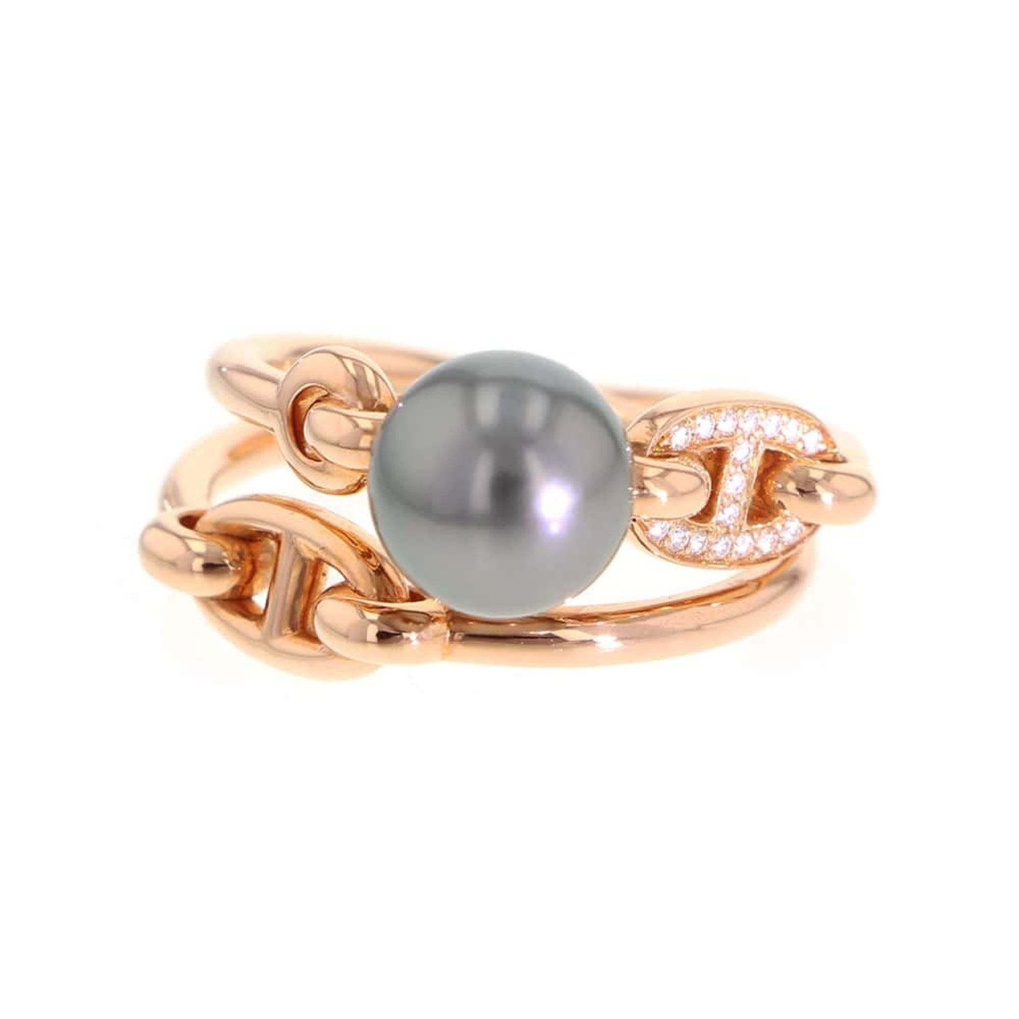 Hermes Ring Albertine Chaine d'Ancre Black Pearl Diamond K18PG Pink Gold Size 53