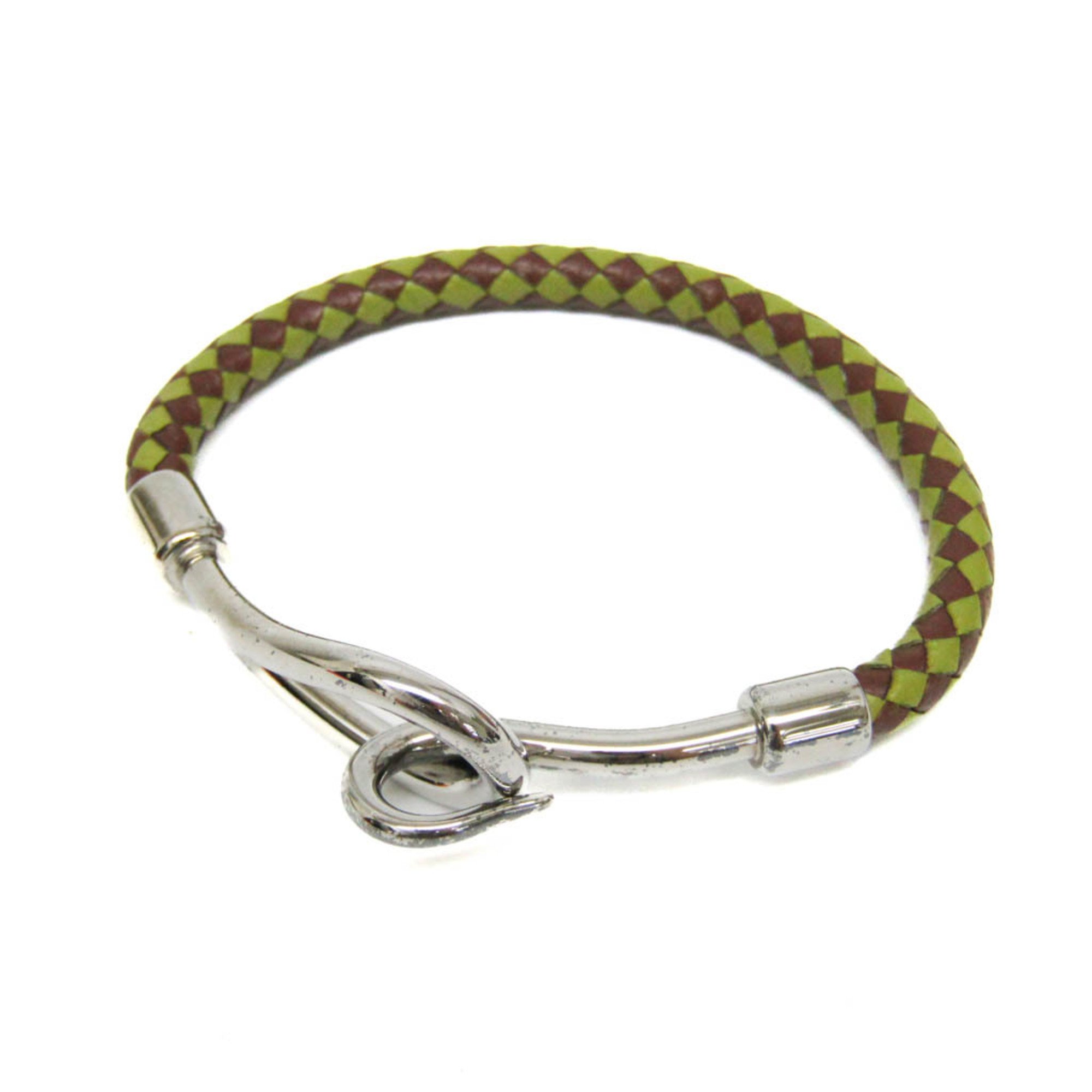 Hermes Jumbo Braiding Leather,Metal No Stone Bangle Dark Brown,Green,Silver