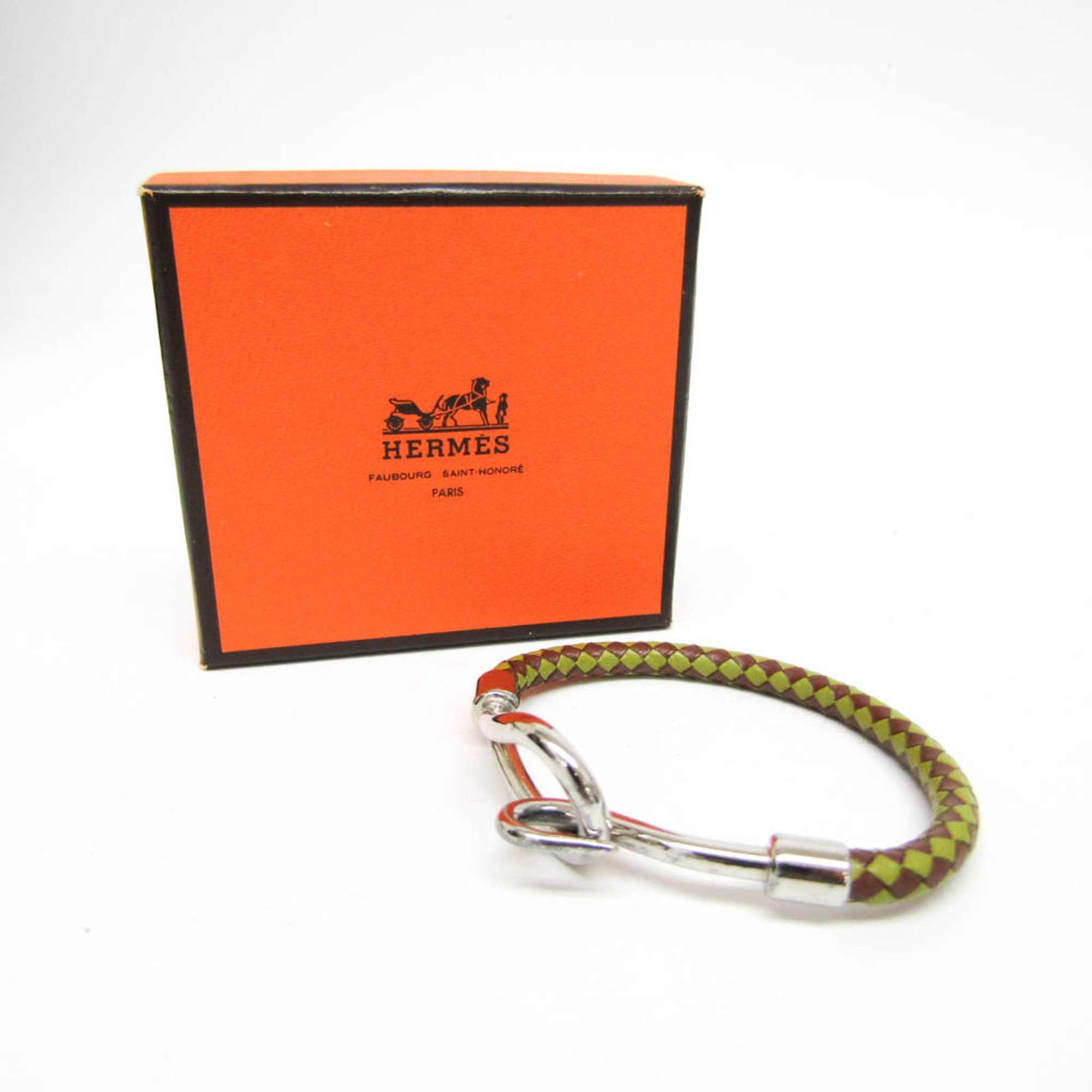 Hermes Jumbo Braiding Leather,Metal No Stone Bangle Dark Brown,Green,Silver