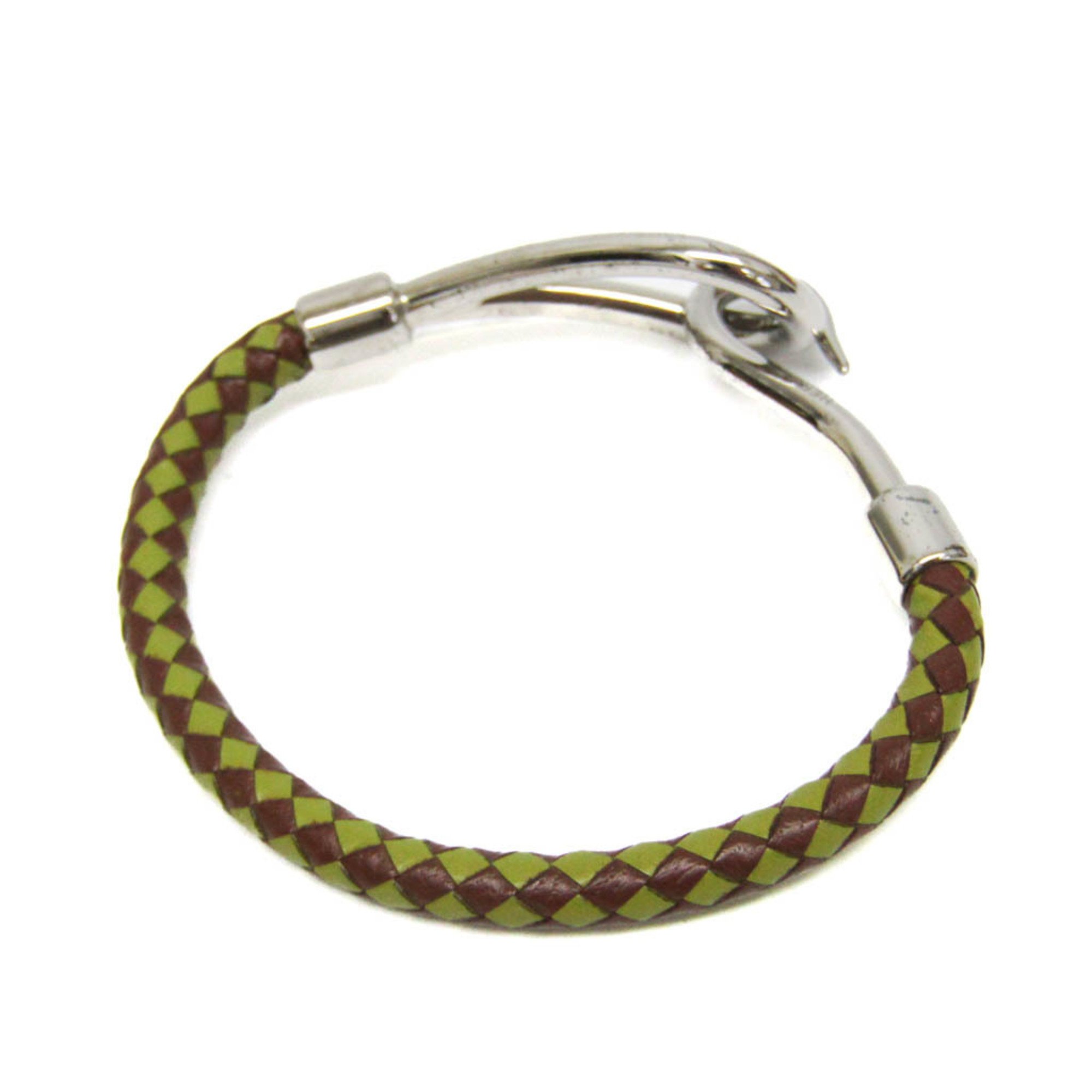 Hermes Jumbo Braiding Leather,Metal No Stone Bangle Dark Brown,Green,Silver