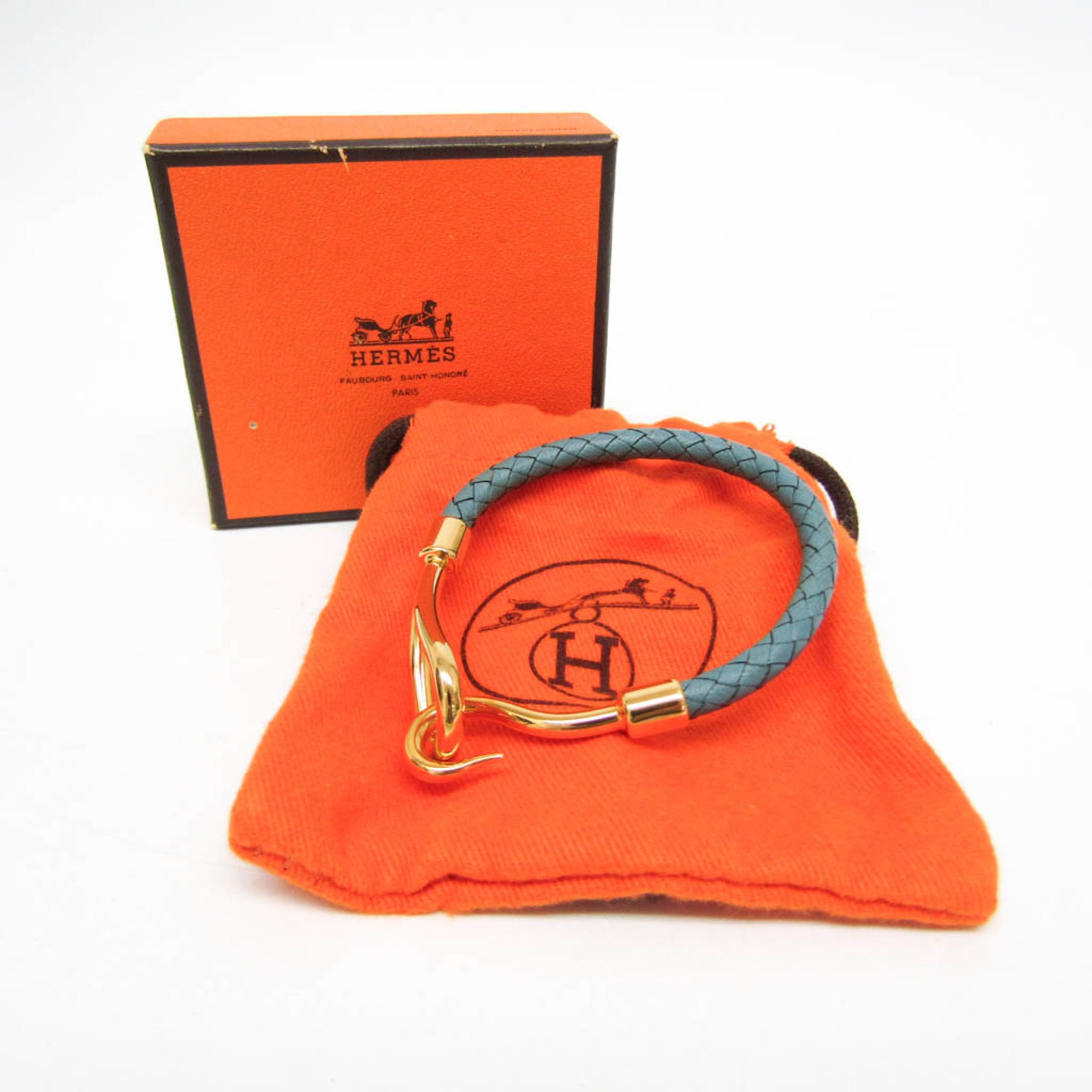 Hermes Jumbo Braiding Leather,Metal No Stone Bangle Blue,Gold