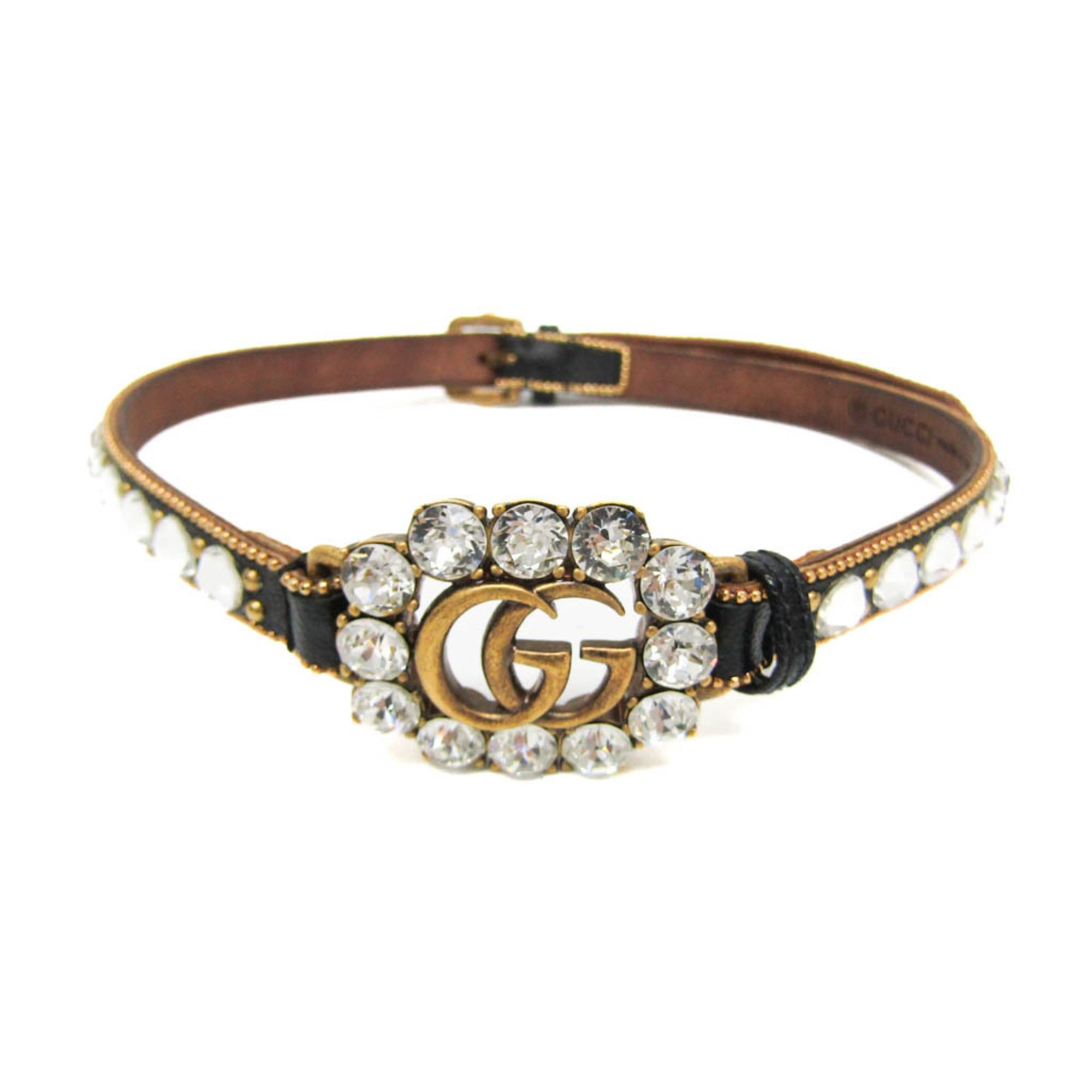 Gucci Double G Leather,Metal Rhinestone Women's Fashion Pendant (Black,Clear,Gold)