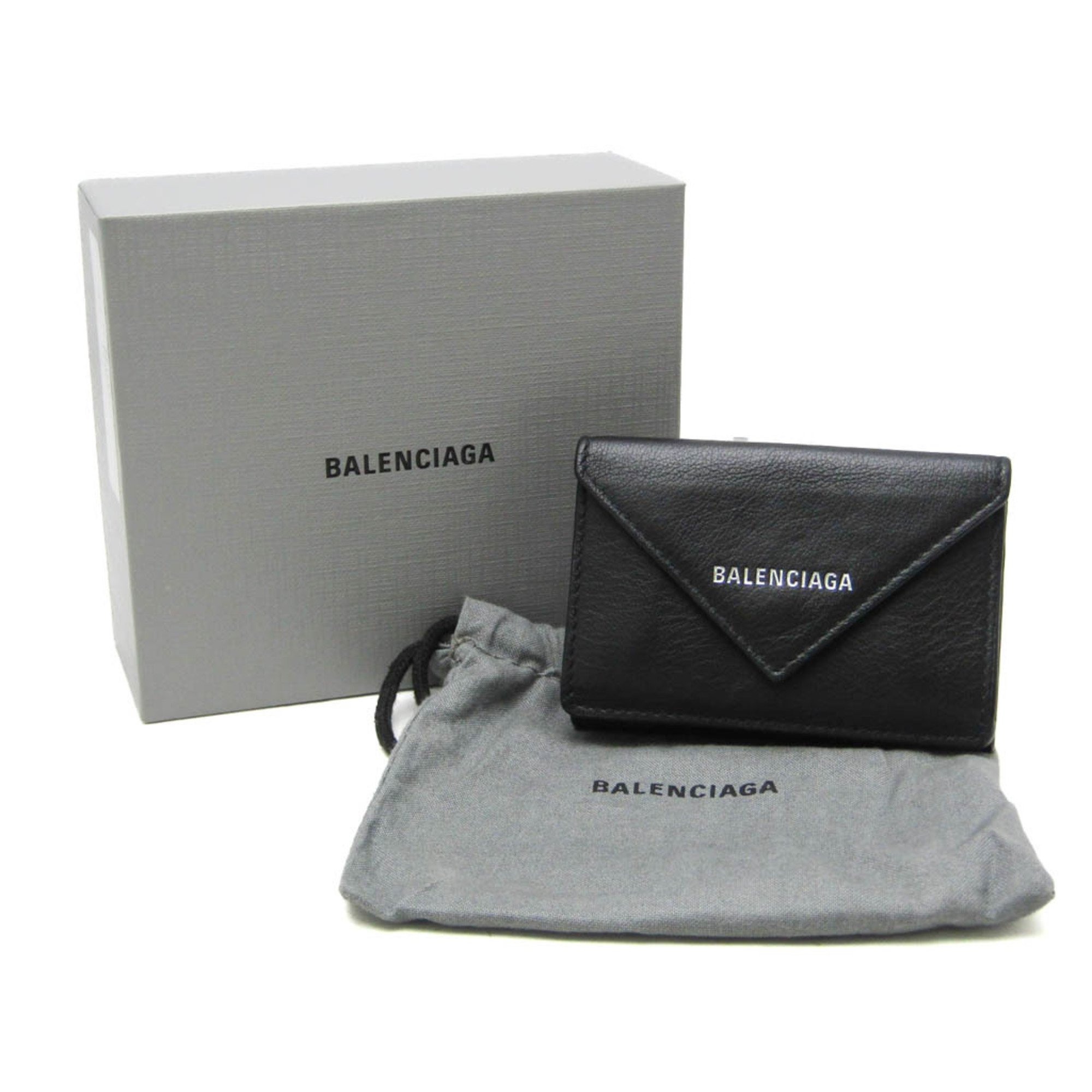 Balenciaga PAPIER Mini 391446 Men,Women Leather Wallet (tri-fold) Black