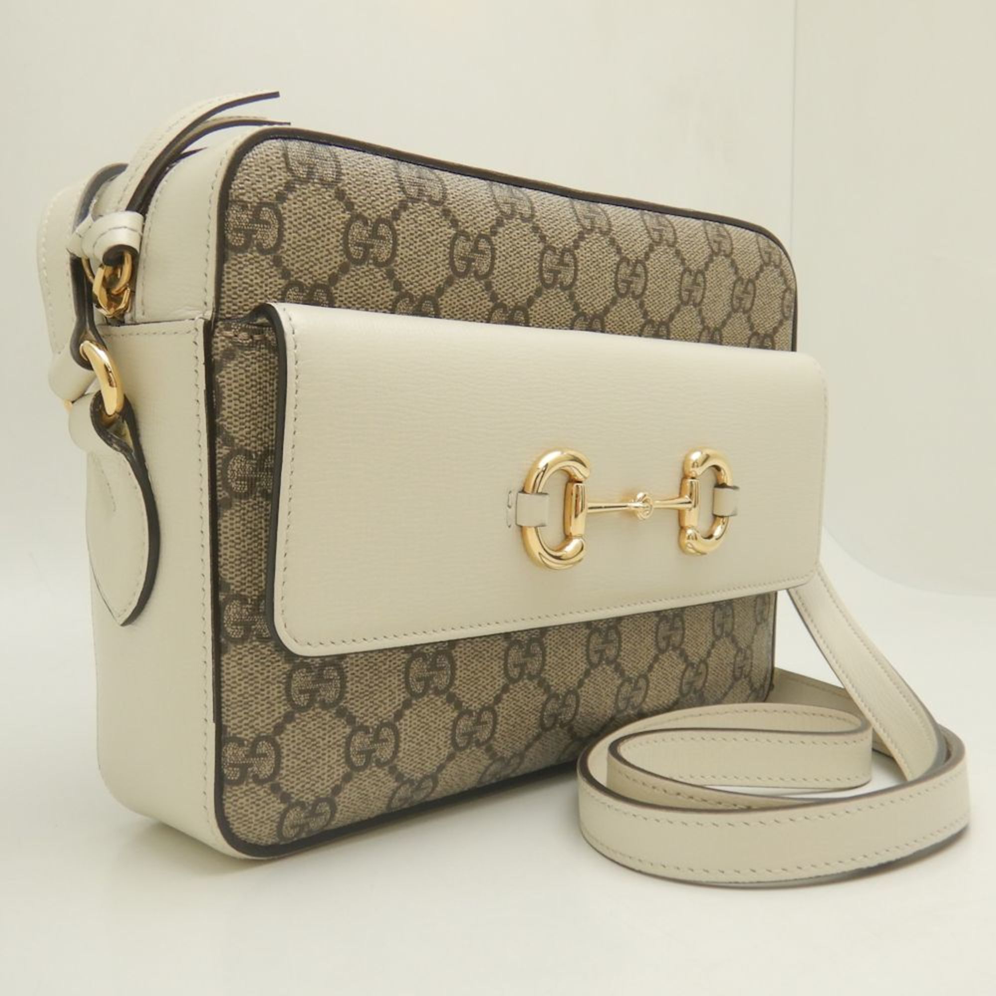 GUCCI Small Shoulder Bag 645454 Horsebit GG Supreme Canvas x Leather Ivory Beige 252172