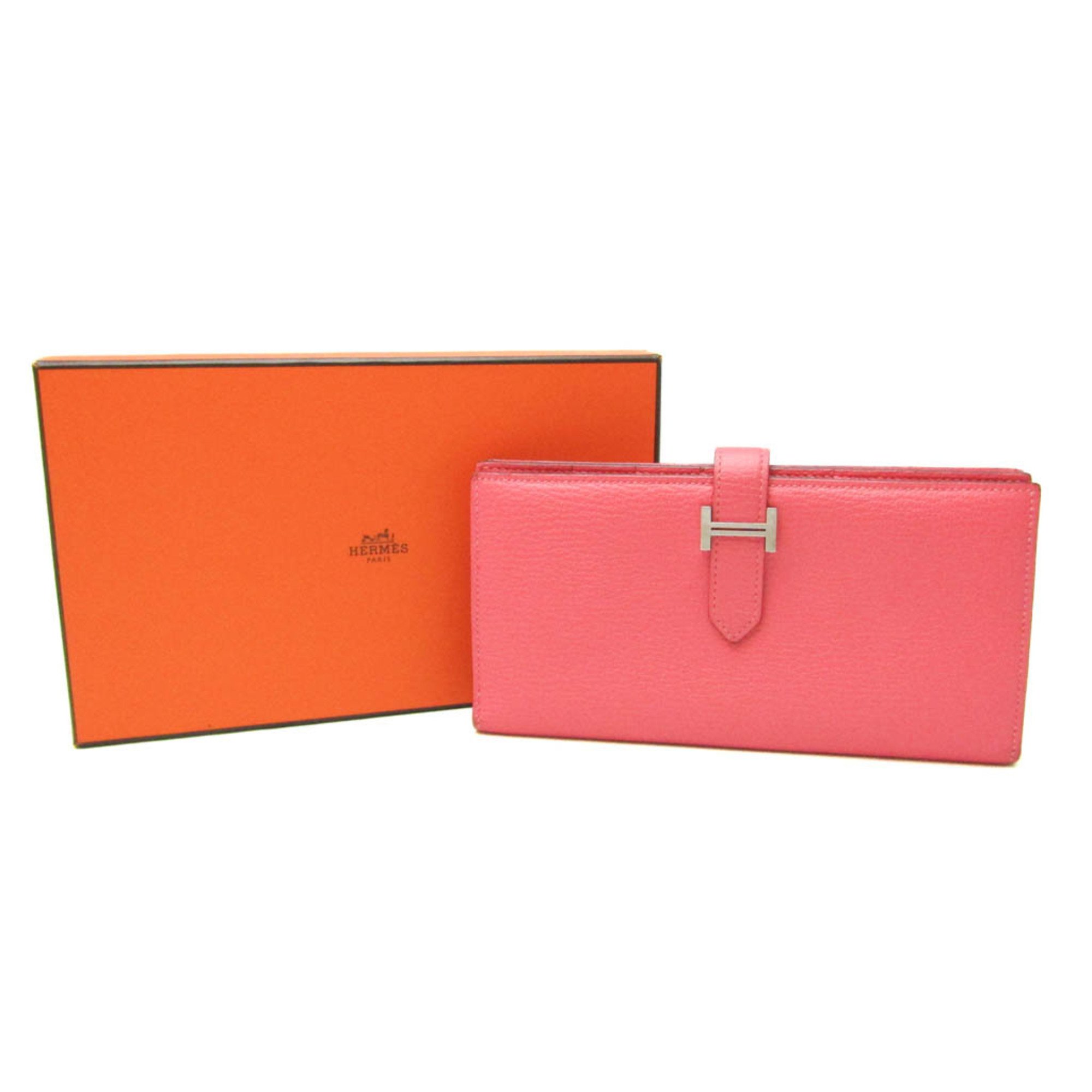 Hermes Bearn Bearn Souffle 039078CKU5 Women's Chevre Leather Long Wallet (bi-fold) Pink